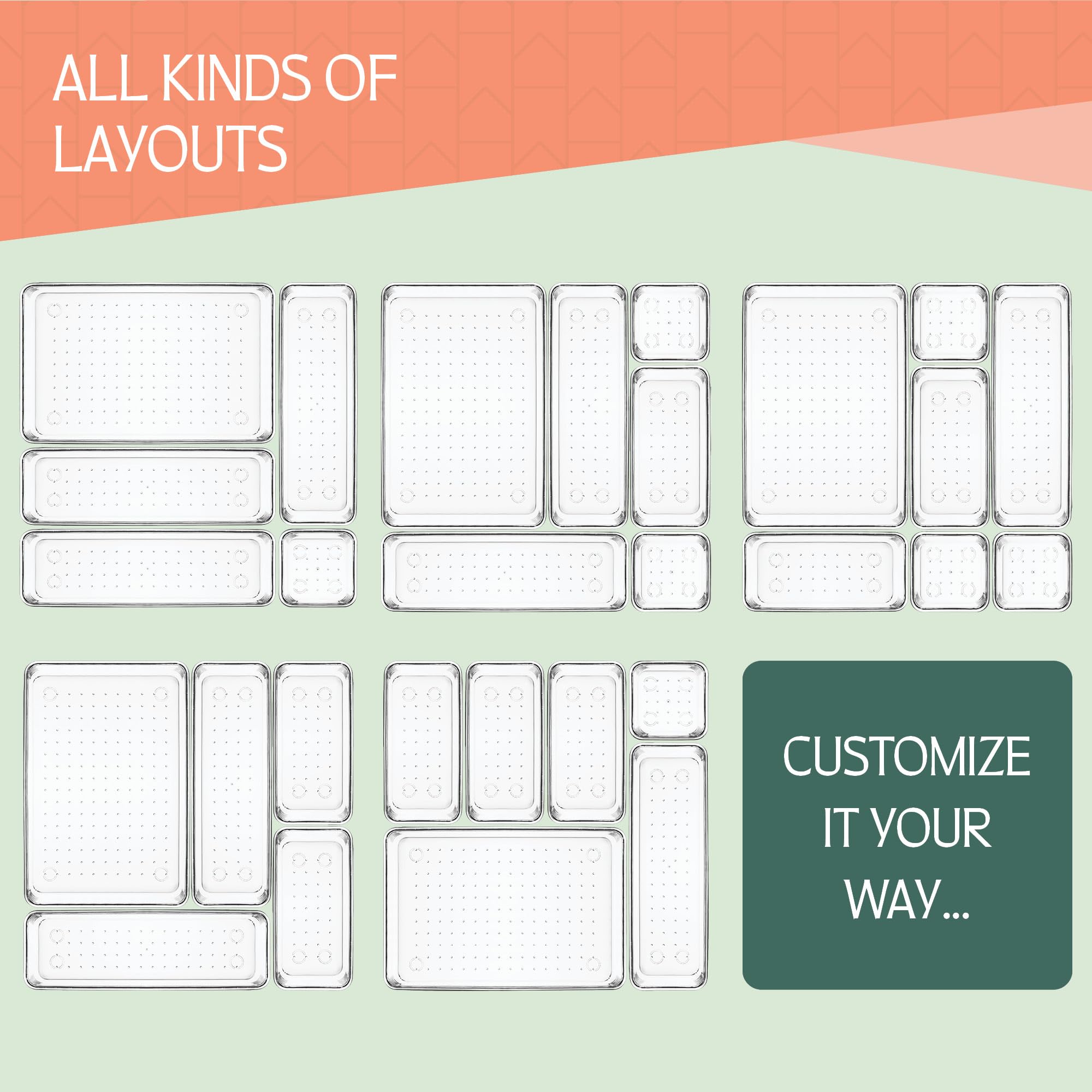 Ruboxa Clear Drawer Organizer, [25 PCS] Plastic Organizers for Home Organization and Storage, Including 4 Sizes Small Bins, Non-