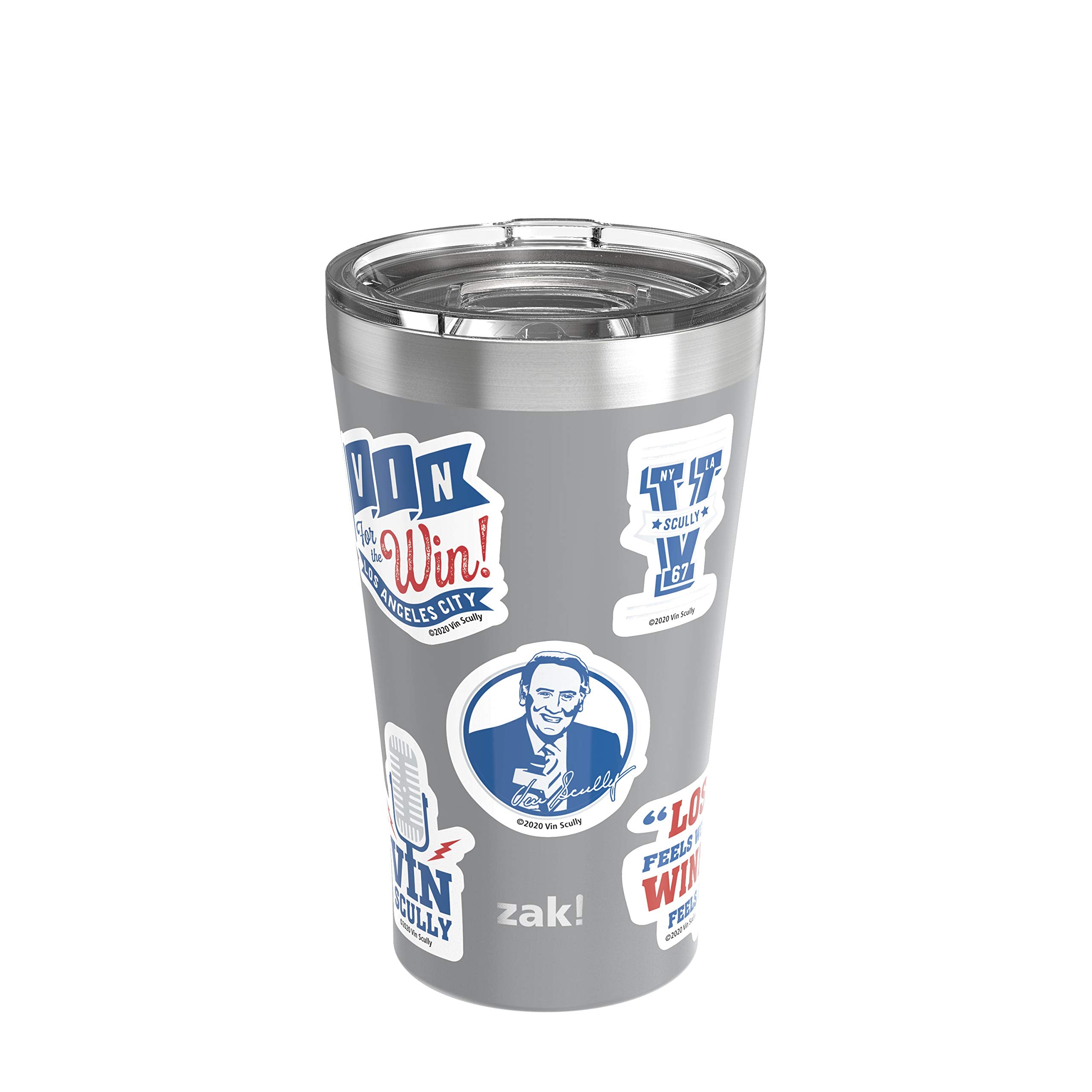 Zak Designs 18/8 Vacuum Insulated Stainless Steel Travel 20Oz With Press-In Lid And Splash-Proof, Includes Vin Scully Vinyl Pers