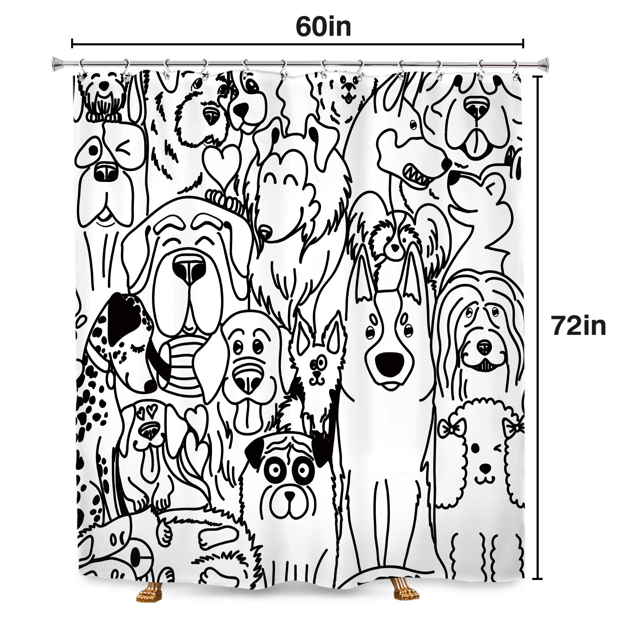 SVBright Funny Cute Dog Shower Curtain 60Wx72L Inch Cartoon Black and White Lovely Animals Silhouette for Kids Kawaii Cool Rustic 12 Pack Hooks Polyester Waterproof Fabric Bathroom Bathtub Panels