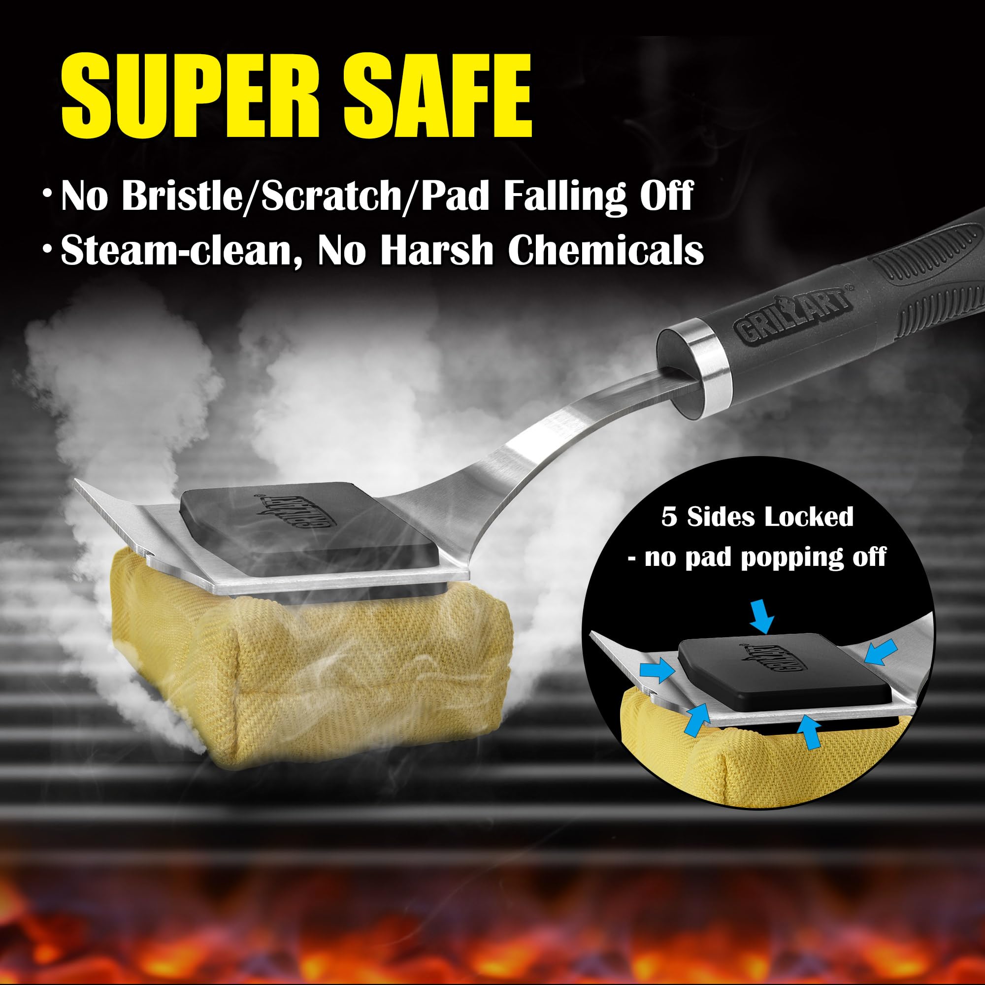 GRILLART Grill Brush - Bristle Free BBQ Cleaner, Reinforced Scraper, High-Strength Stelfyber, Black, Replaceable Head, Model BT-CB