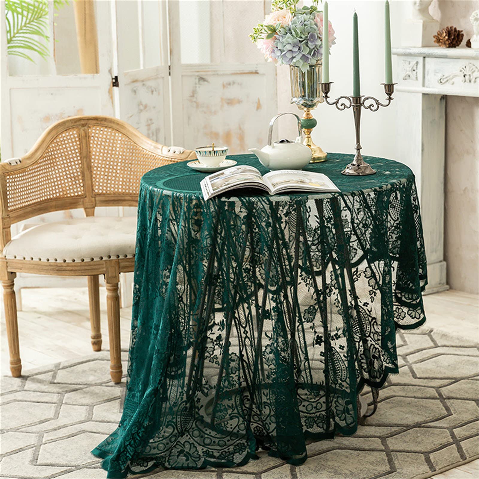 Fhberni Green Lace Tablecloth - Elegant Floral Patterns, 75" Round Overlay for Weddings & Parties