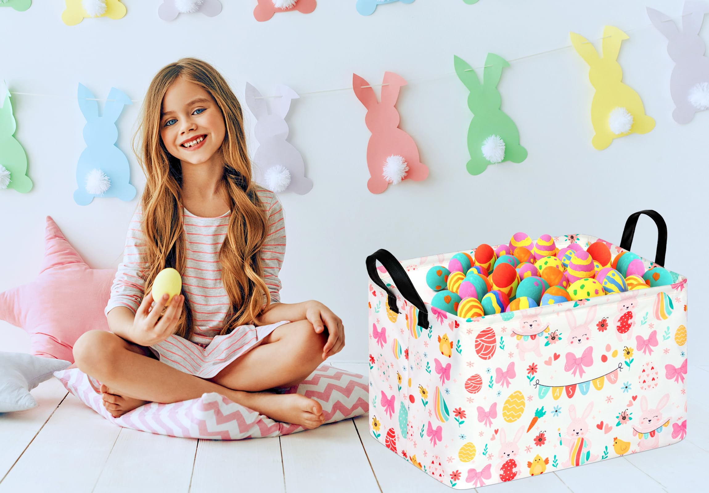 Acmuuni Easter Eggs Gift Rectangle Rabbit Shelf Basket Clothes Laundry Storage Box Toys Storage Bins, Bunny Basket For Kids,Laun