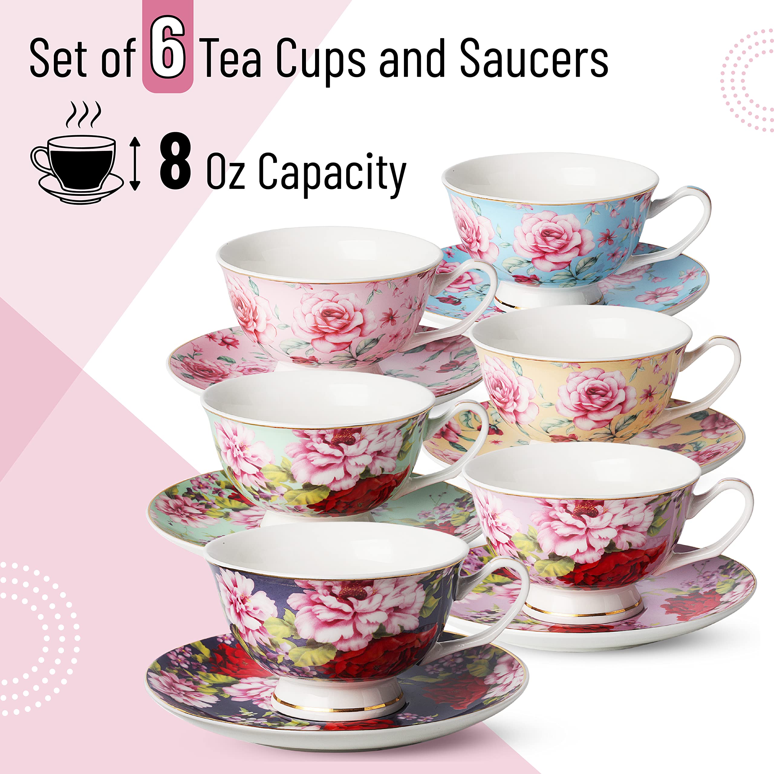 Btat- Tea Cups, Tea Cups And Saucers Set Of 6, Tea Set, Floral Tea Cups (8Oz), Tea Cups And Saucers Set, Tea Set, Porcelain Tea