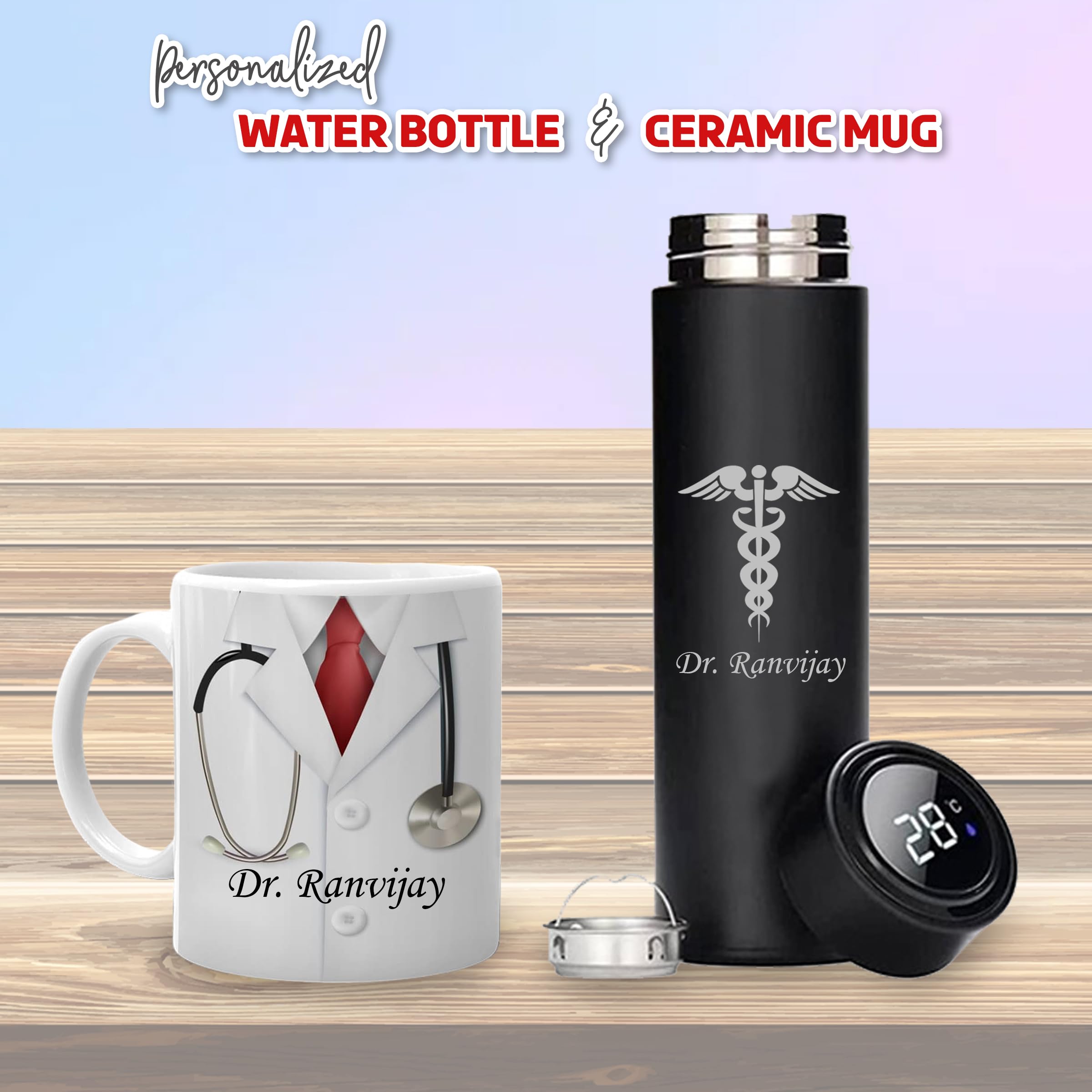 Savri Personalized DoctorS Drinkware Combo:Temp Black Bottle With Doctor Logo & Doc Theme Coffee Mug-Customized With Your Name.