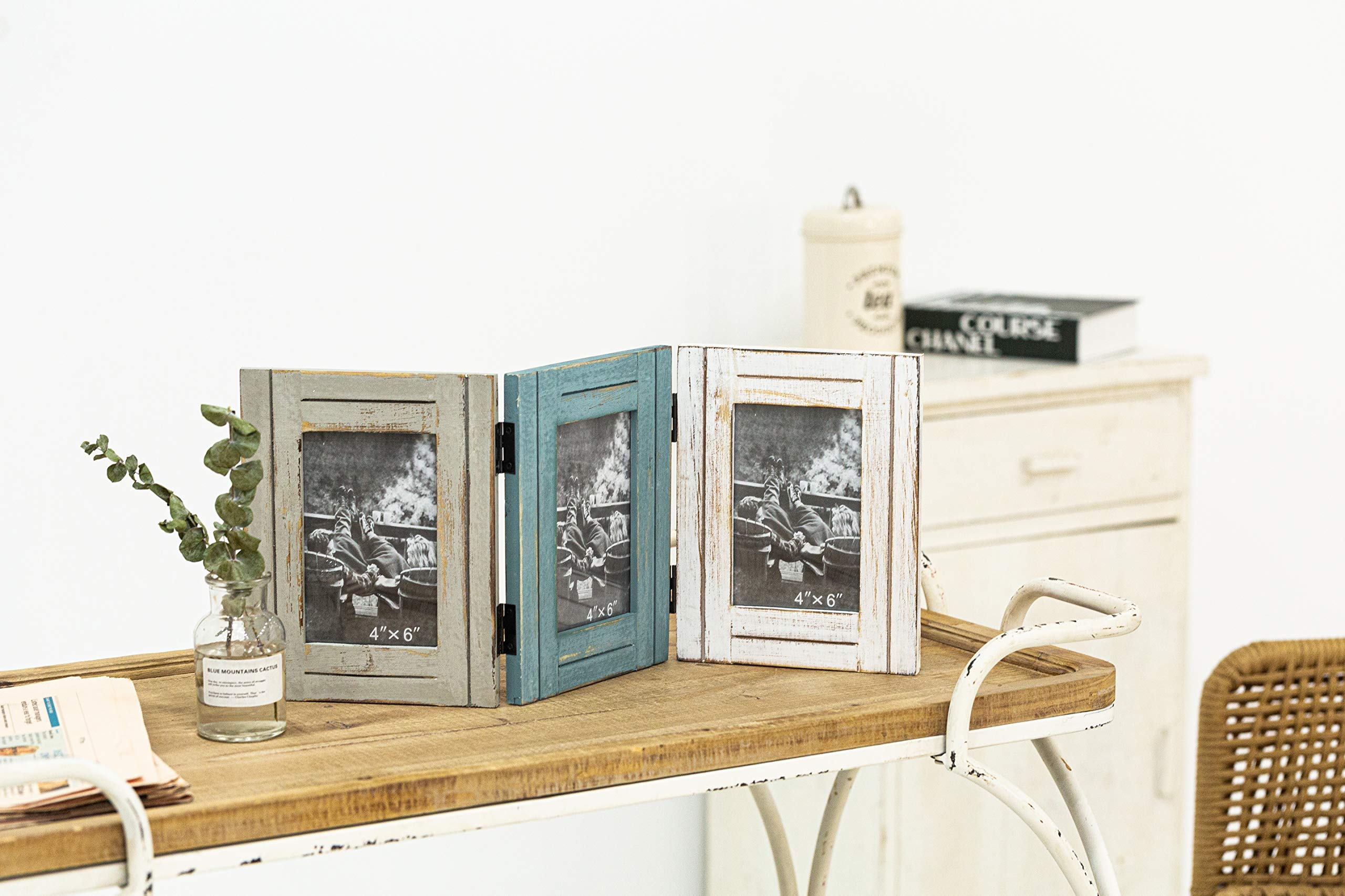 RiteSune Rustic 3 Picture Frame 4X6 Triple Hinged Distressed Photo Frame for Tabletop Display, Picture College Frame Present for