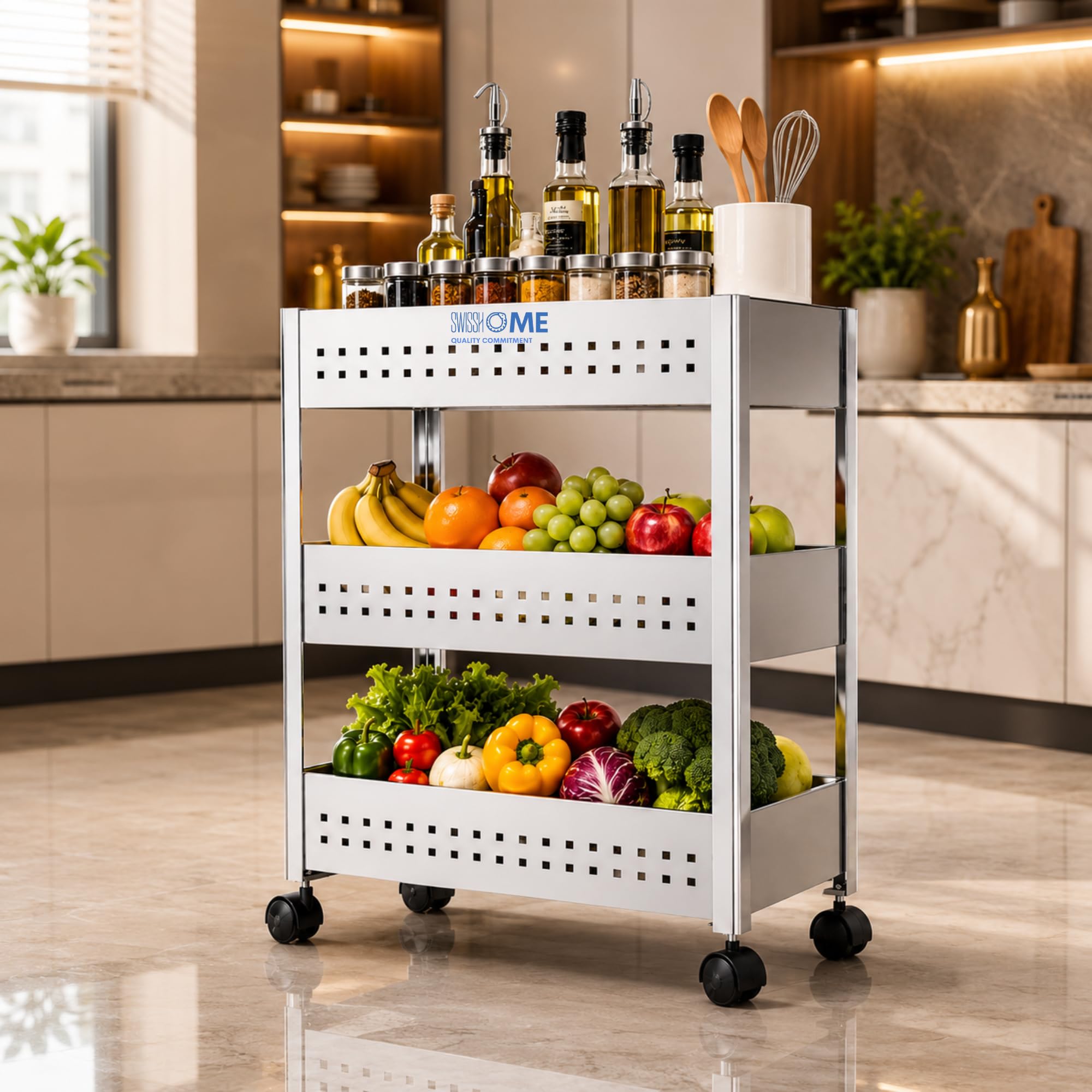 Swisshome 3 Tier Portable & MultiUtility Stand For Kitchen Storage Rack | Room Organiser & Steel Book Shelf For Home | EasyTo