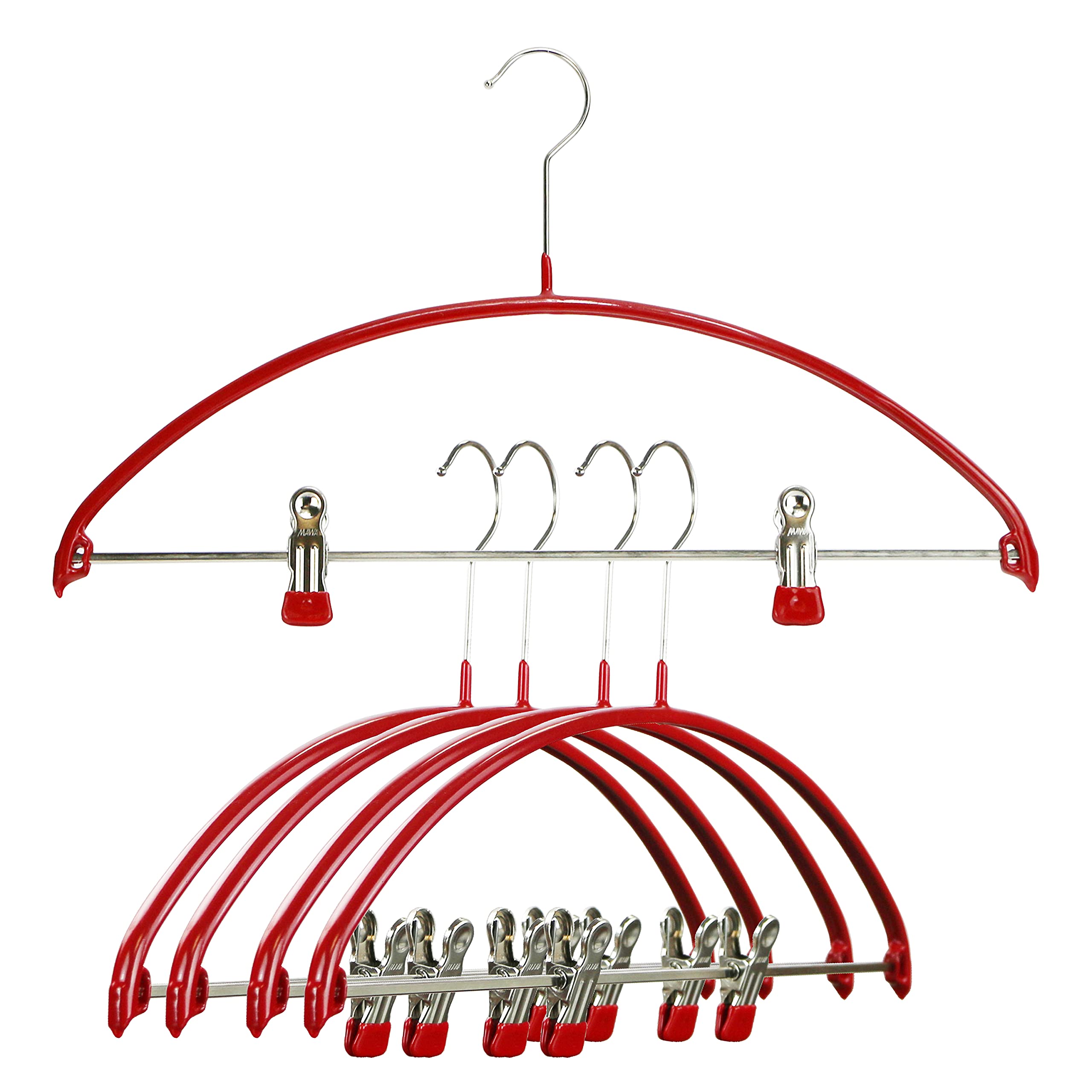 Mawa By Reston Lloyd European Non-Slip Metal Clothing Hanger, Smooth Shoulder Support & Adjustable Pant Clips, Set Of 5, Red
