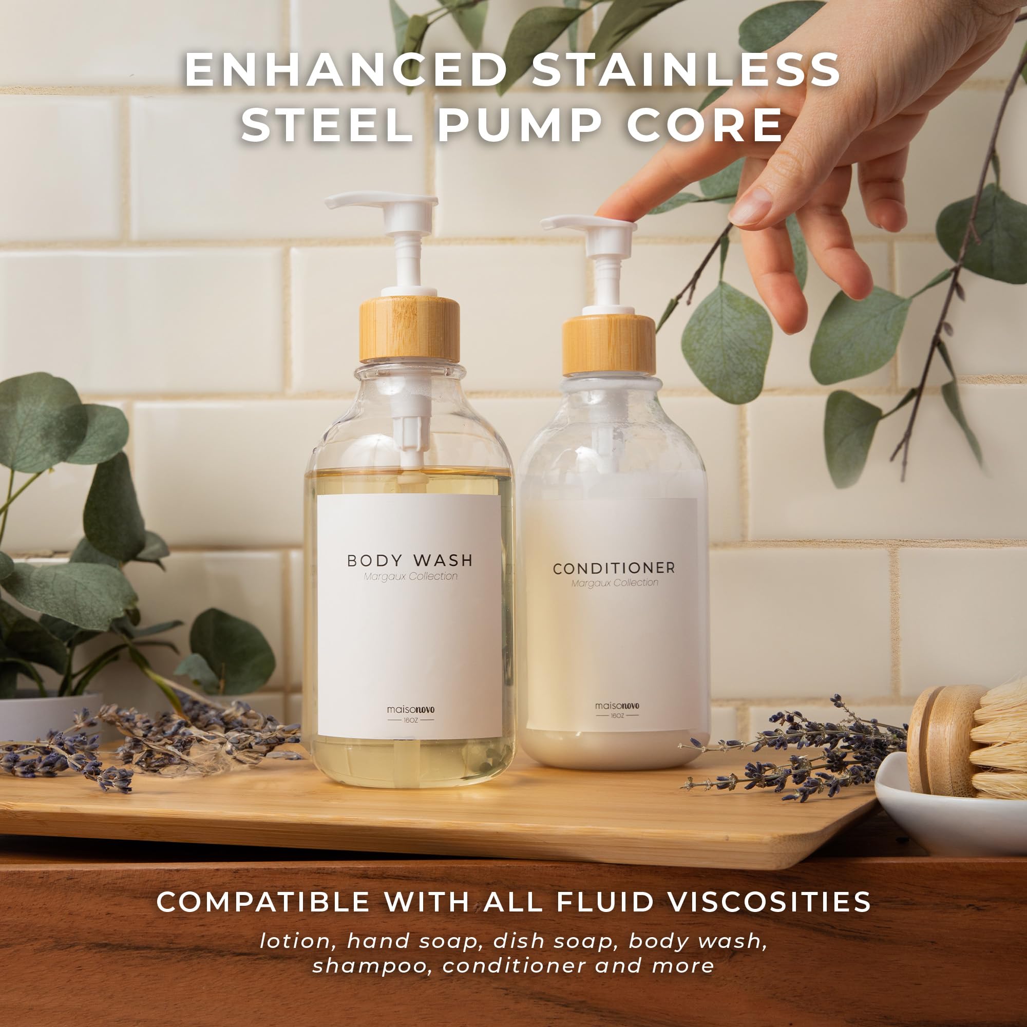 Maisonovo Kitchen Soap Dispenser Set - Plastic Soap Dispenser With Pump - Clear Bamboo White Pump 16.9 Fl Oz - Bathroom Soap Dis