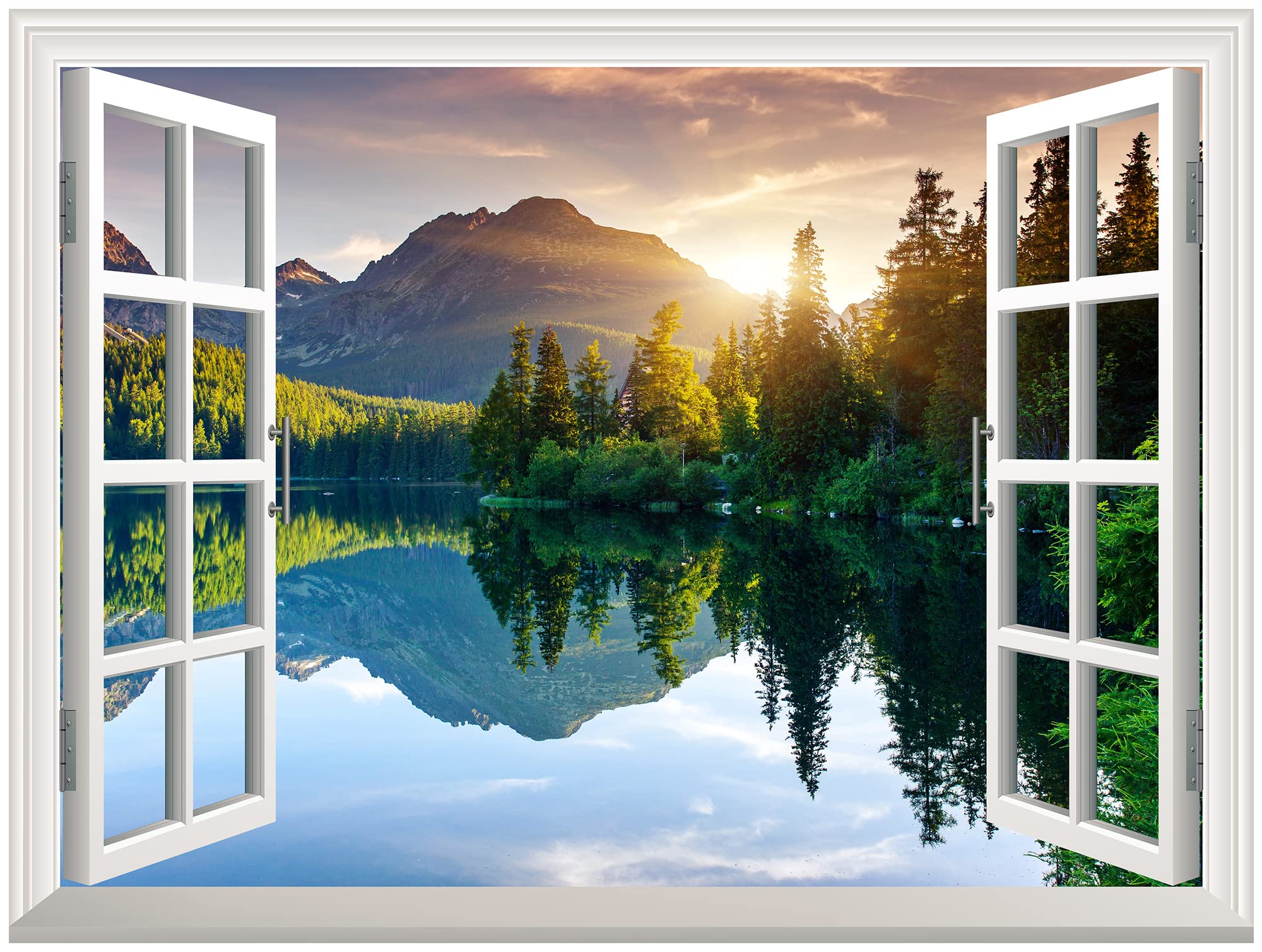 Wall26 A Peaking View Through The Forest Of The Morning Sunrise - Wall Mural, Removable Sticker, Home Decor - (36''X48'', Lake A