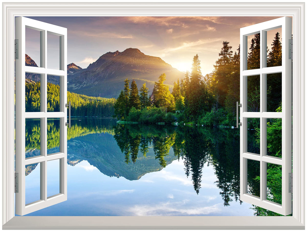Wall26 A Peaking View Through The Forest Of The Morning Sunrise - Wall Mural, Removable Sticker, Home Decor - (36''X48'', Lake A