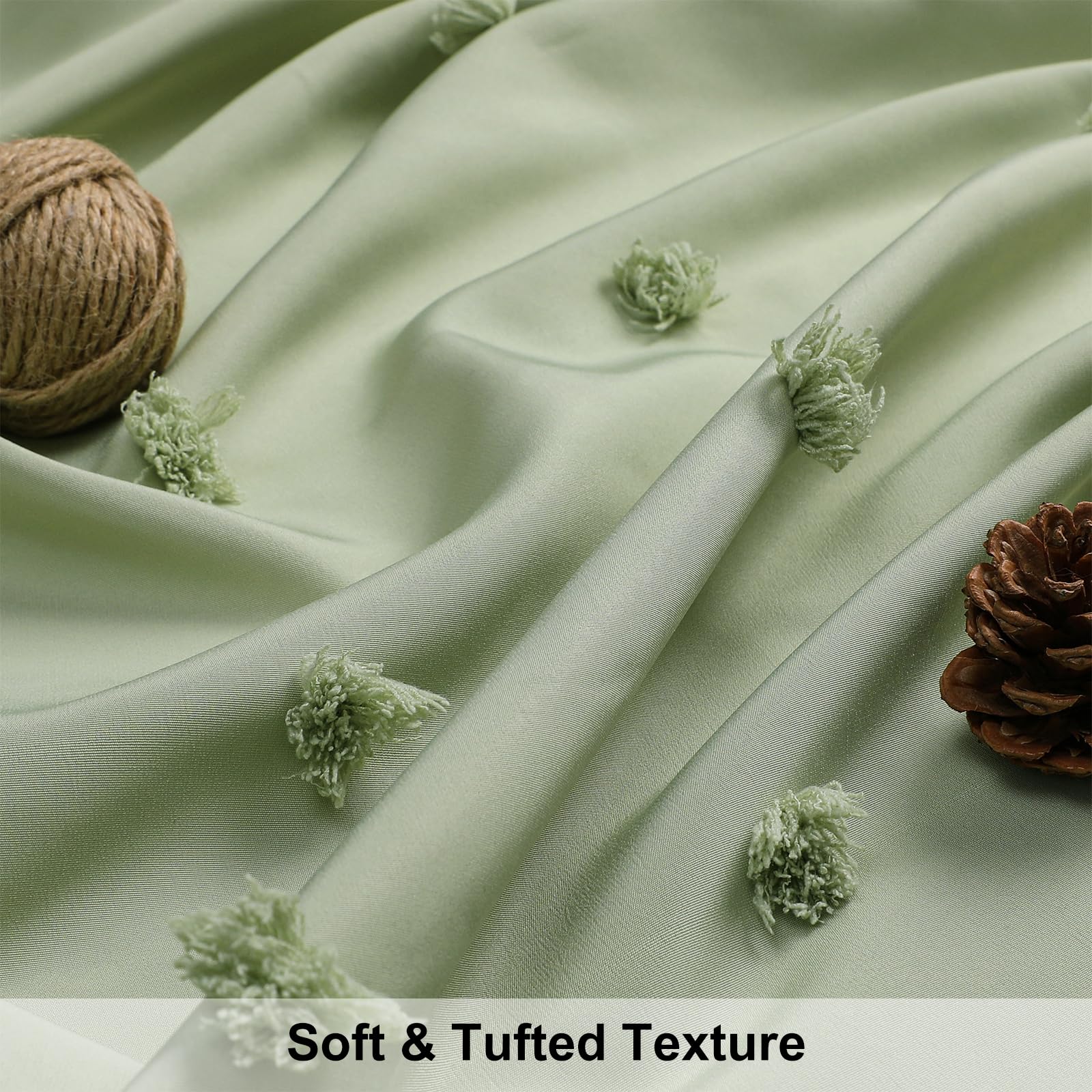 Lilycat Boho Farmhouse Sage Green Fabric Shower Curtain, 72X72 Tufted Pleat Floral Puffs Textured Tassel Cute Rustic Shower Curt