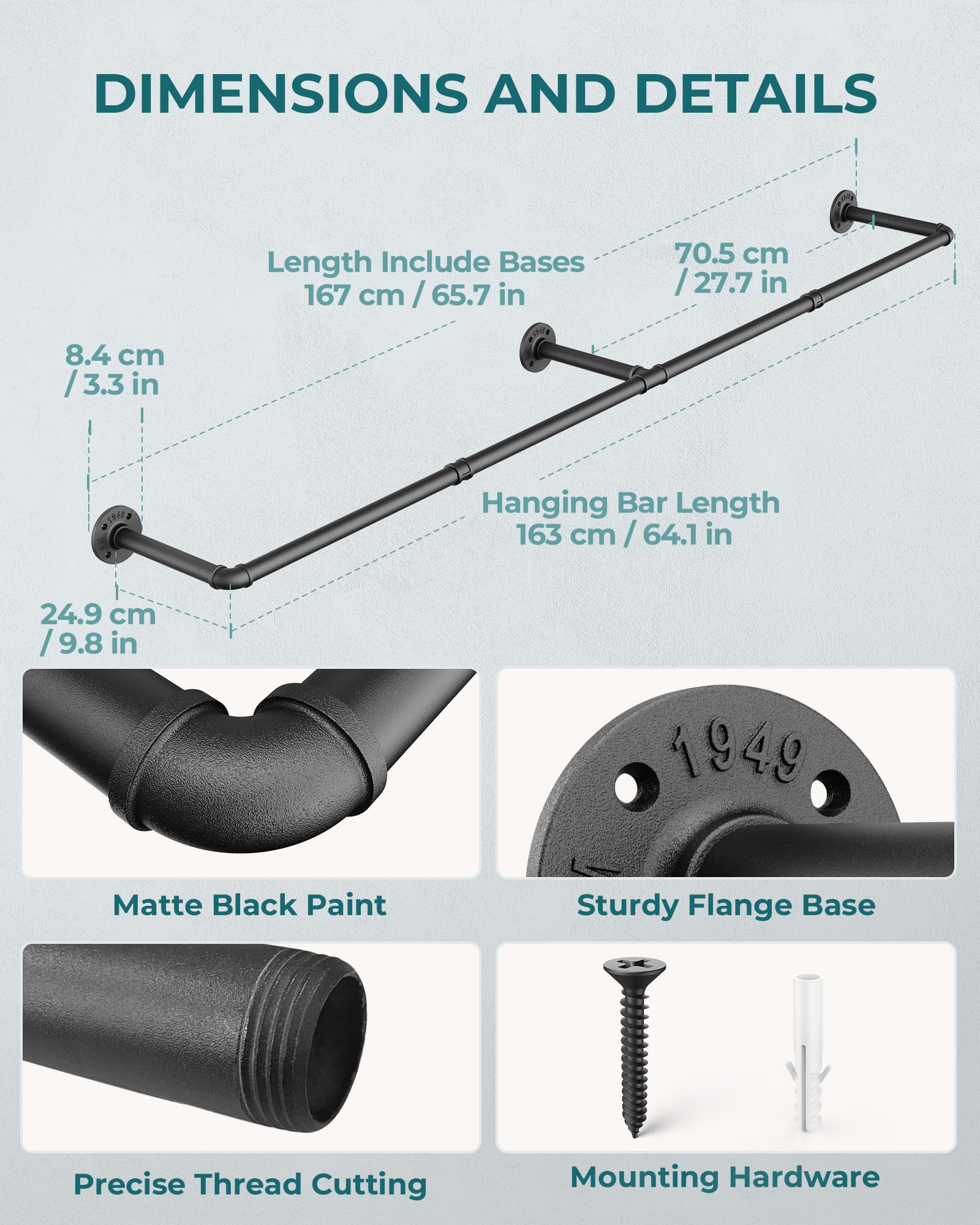 Oropy Clothes Rack, 65.7'' Industrial Pipe Clothing Rack 2 Pack For Clothes, Wall Mounted Heavy Duty Space Saving Garment Rack F