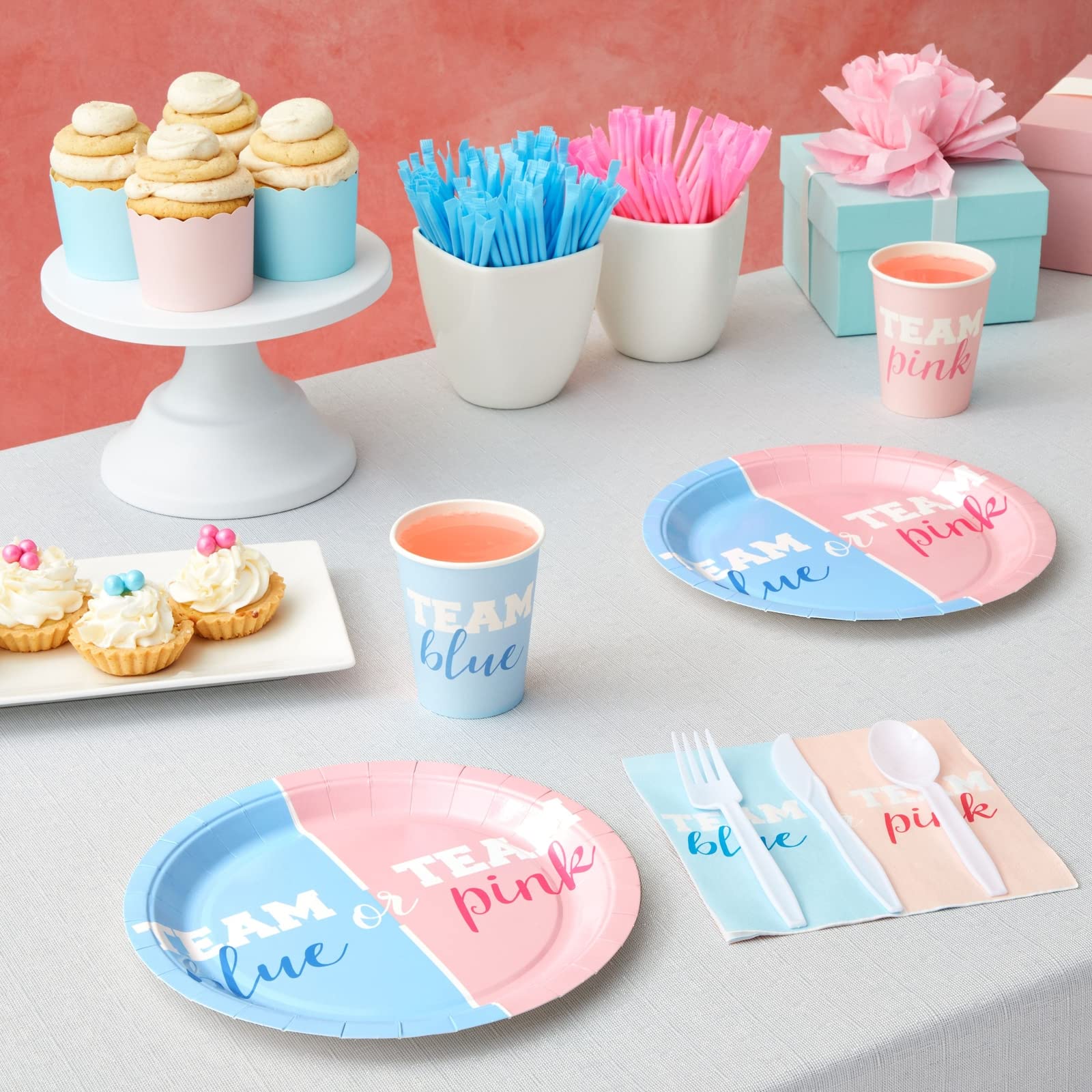 BLUE PANDA Paper Gender Reveal Tableware Set - Team Boy & Team Girl Tableware - Party Supply for 24 Guests - Durable Gender Reve