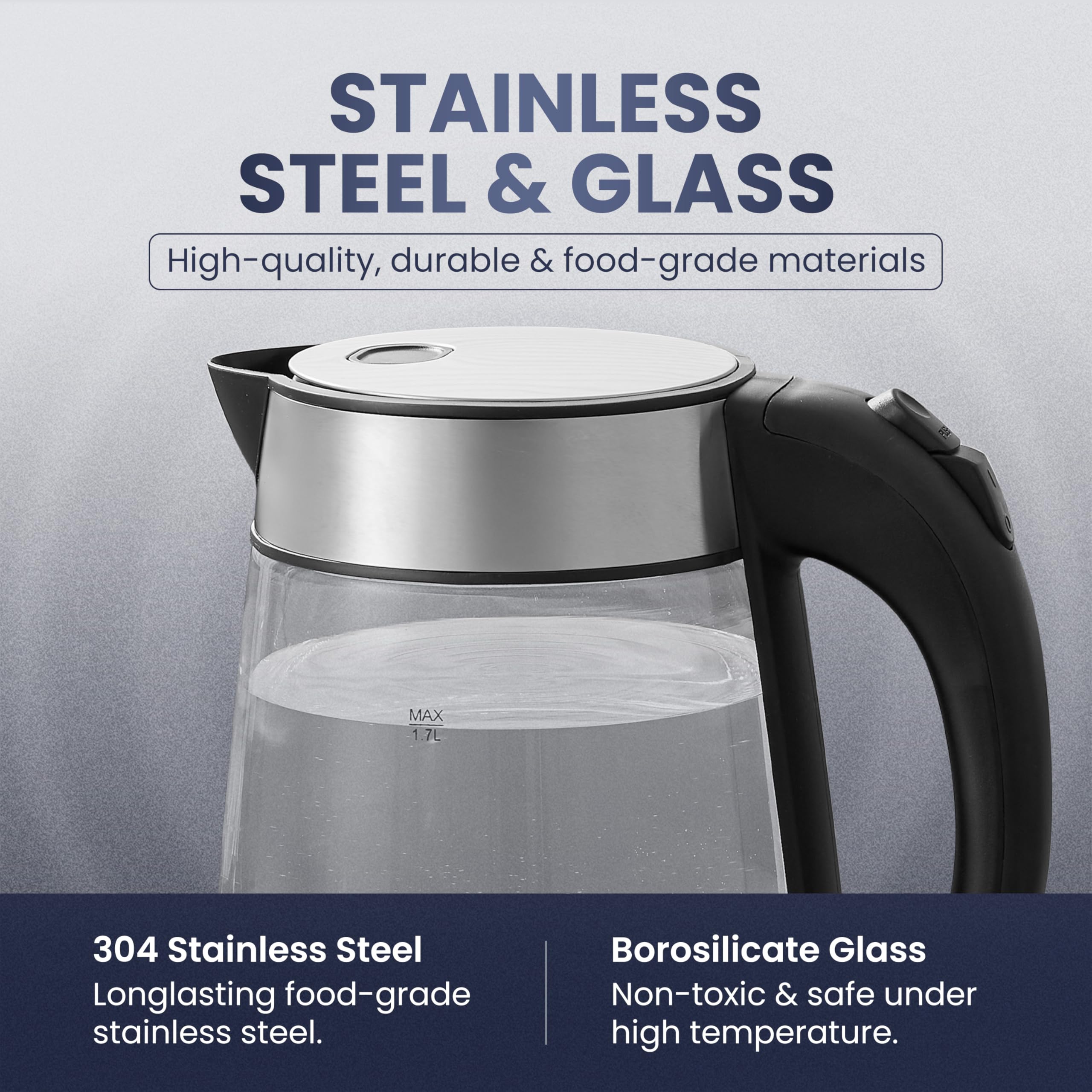 Elite Gourmet Electric Glass Kettle, 1.8 Qt, BPA-Free, Cordless with 360° Base, Stylish Blue LED, Model EKT-602