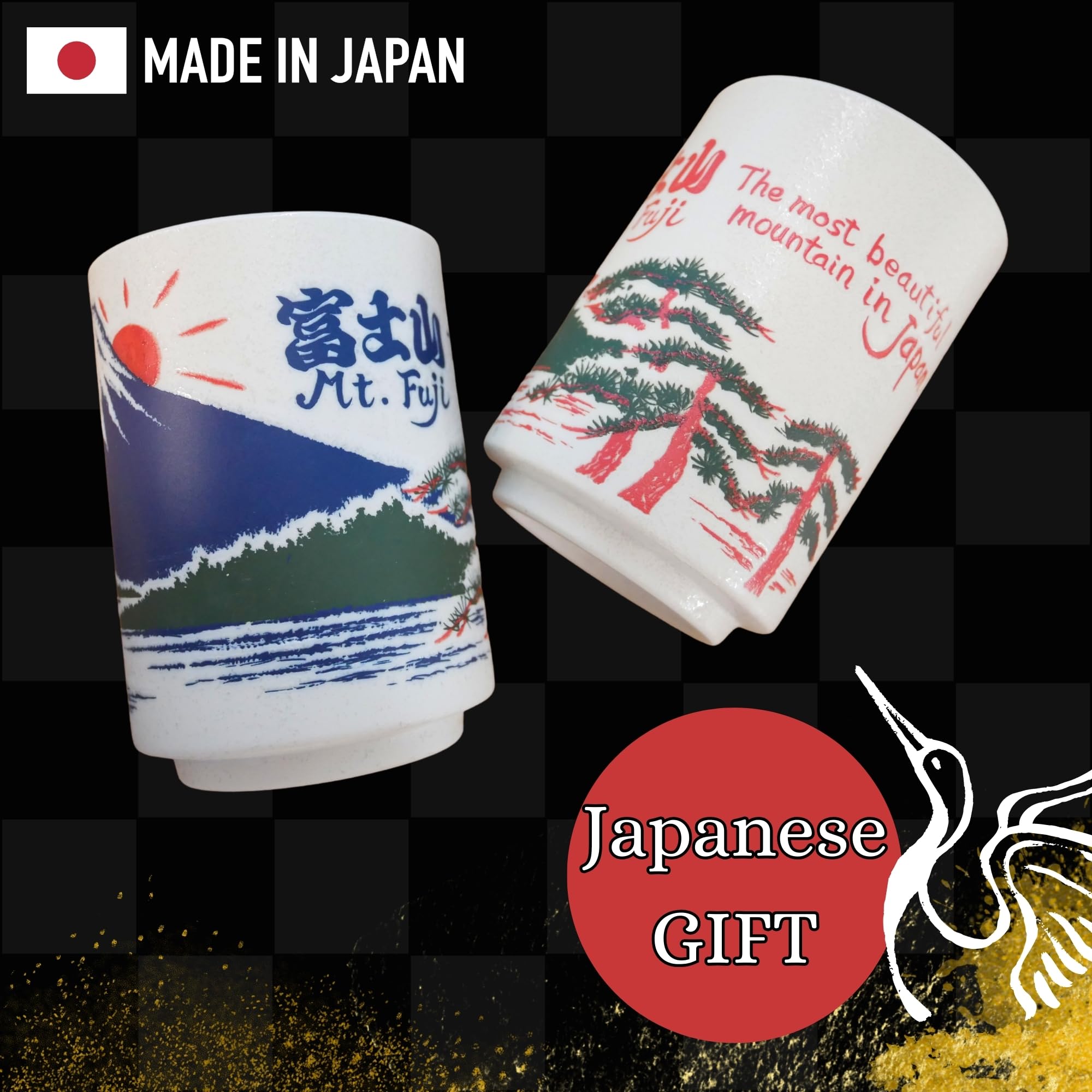 Love Love Japan Japanese Tea Cups Sushi-Yunomi Mino Ware With Bamboo Coaster (Set Of 2) (Mt. Fuji)