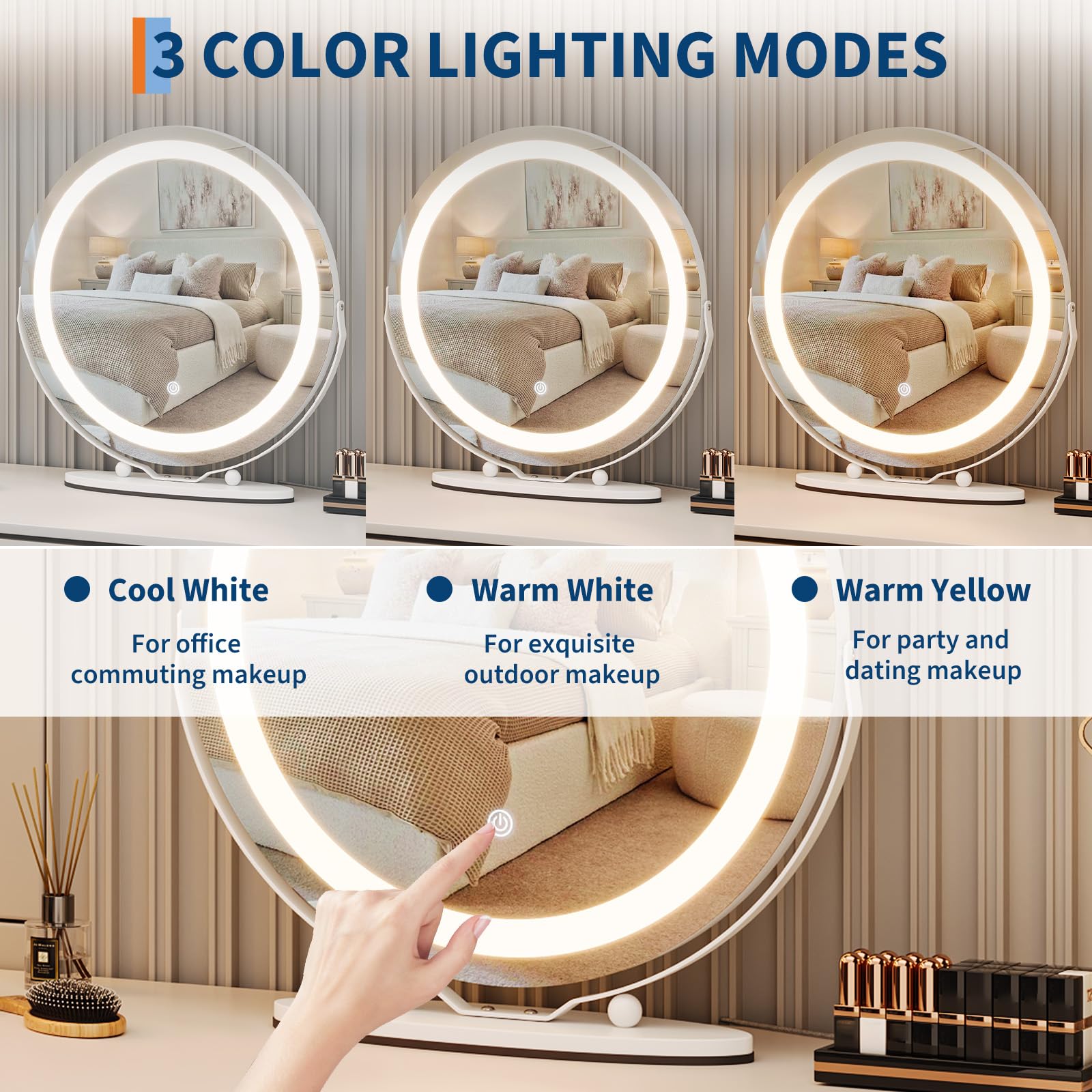 Idealhouse 19 Round Vanity Mirror With Lights, Large Vanity Mirror With 3 Color Lighting Dimmable, Smart Touch Control, 360Rotat