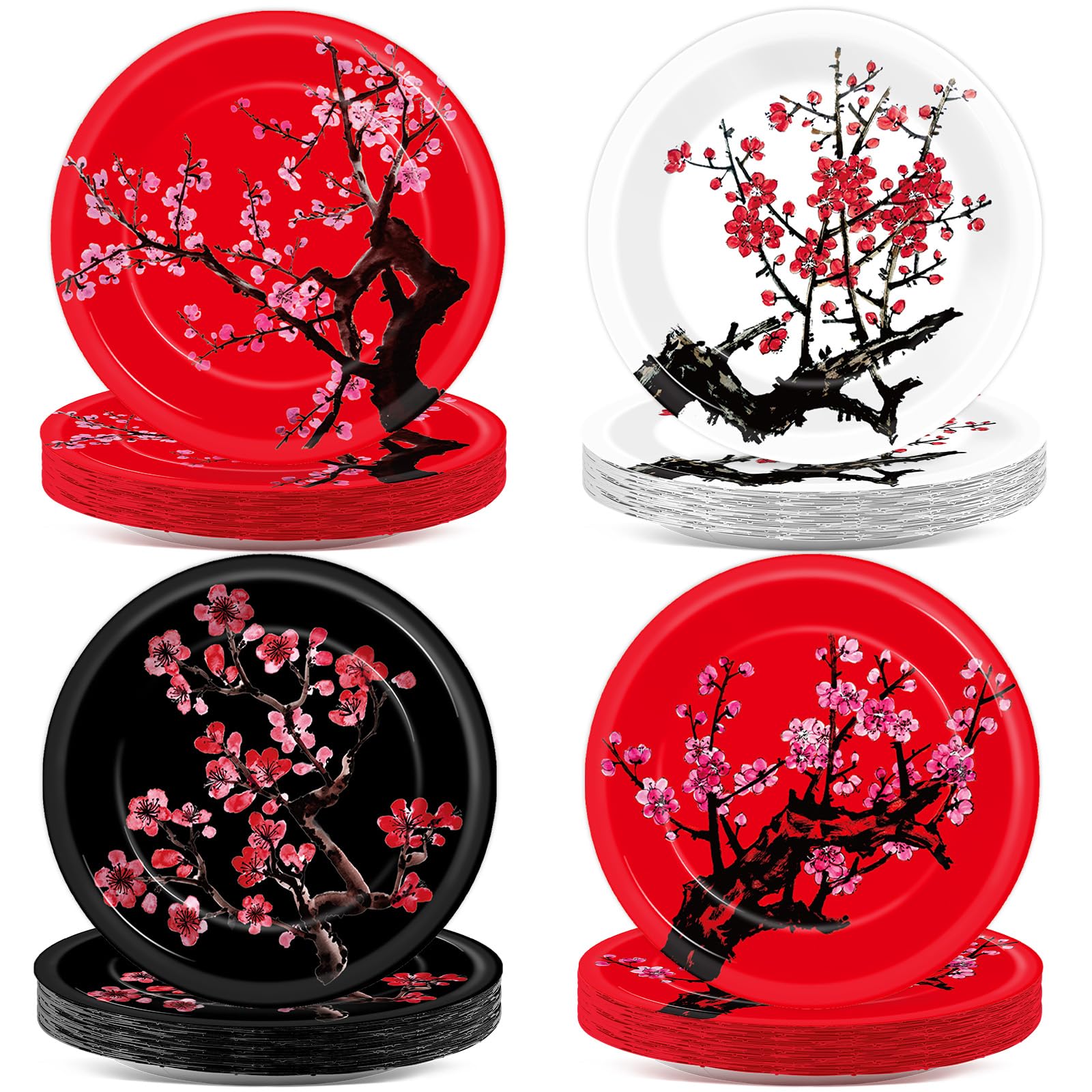 48Pcs Hibachi Party Decorations Supplies Cherry Blossom Dinnerware Disposable Dessert Plates Chinese Japanese Cherry Flowers Pap