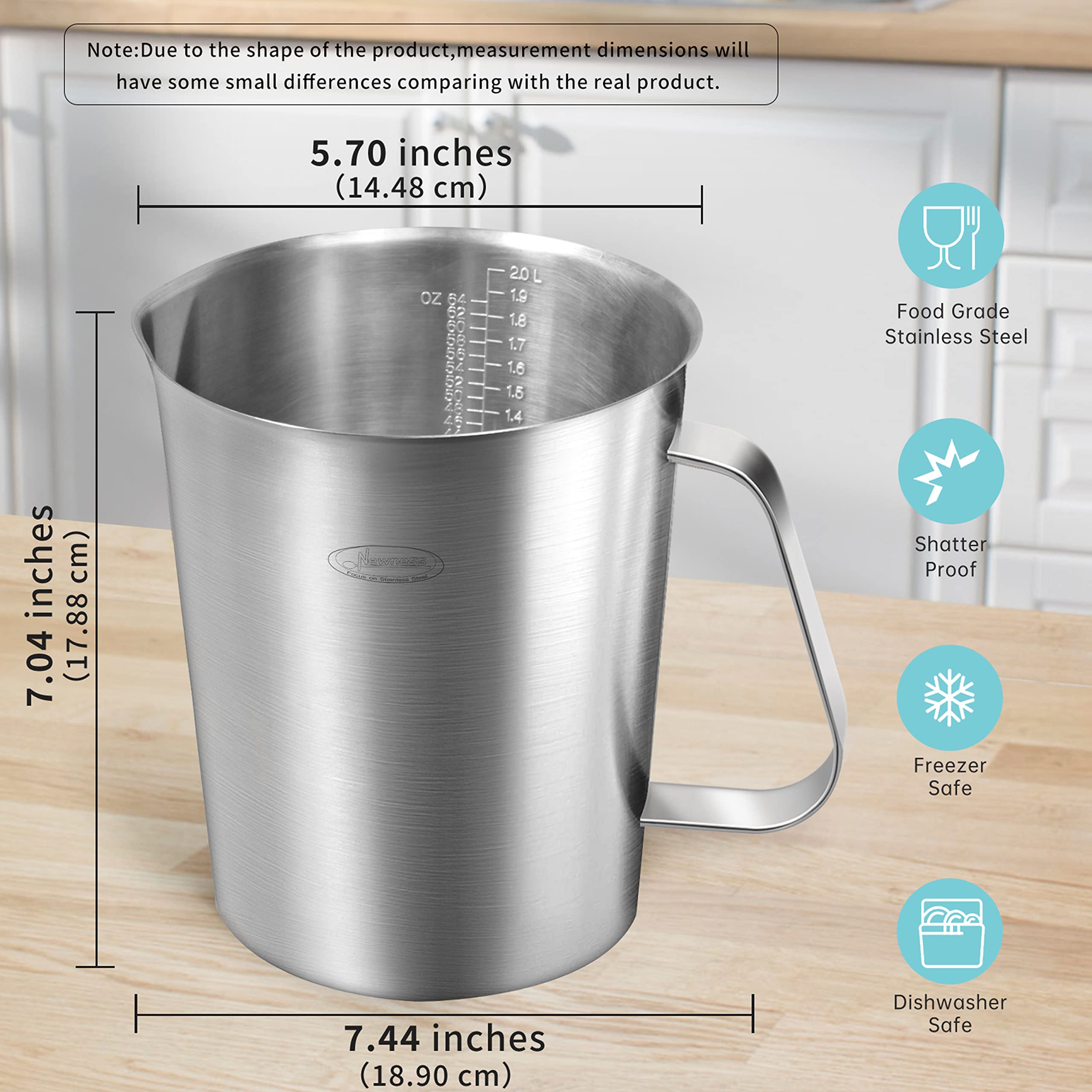 Measuring Cup, Newness Stainless Steel Measuring Cup With Marking With Handle, 64 Ounces (2.0 Liter, 8 Cup)
