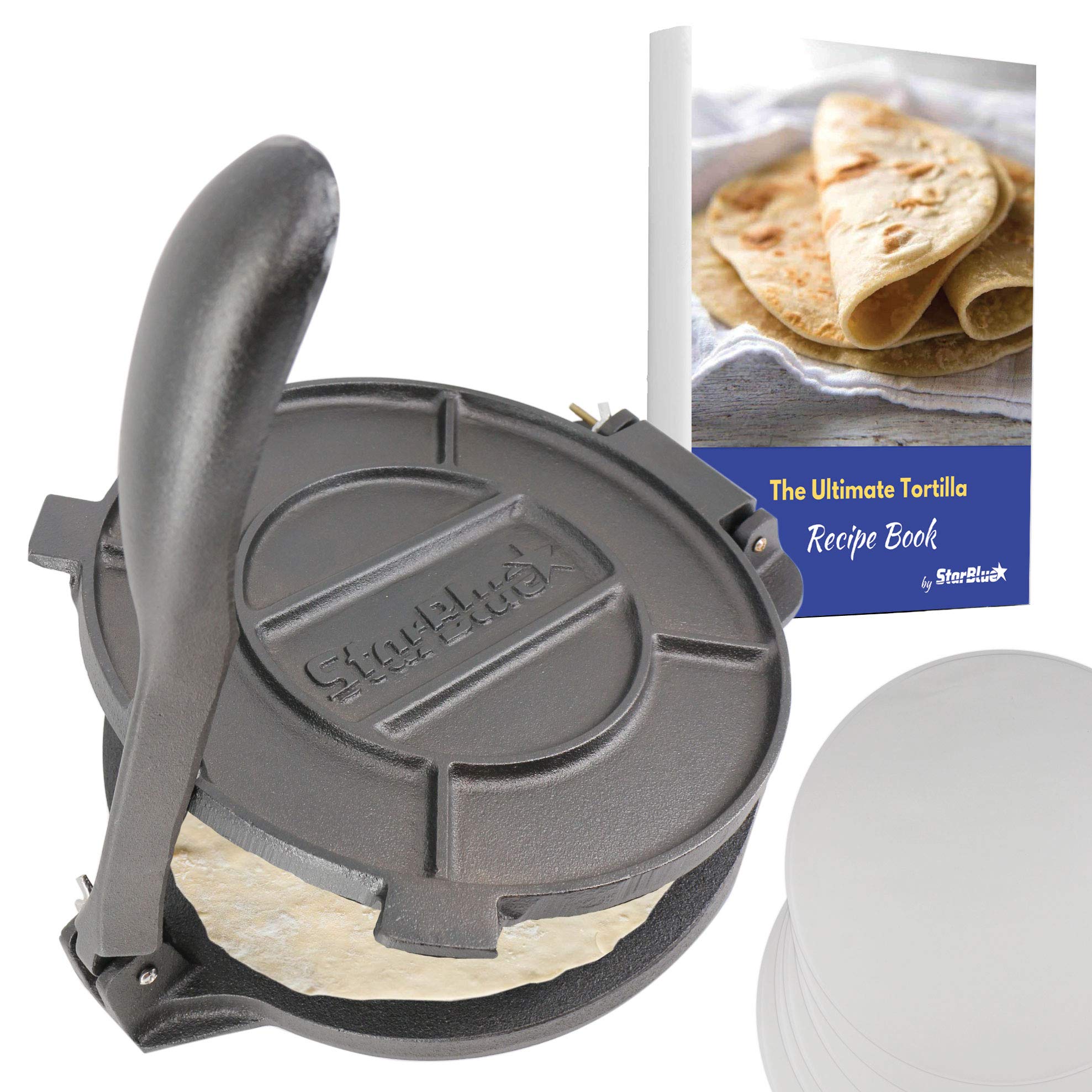 10 Inch Cast Iron Tortilla Press By Starblue With Free 100 Pieces Oil Paper And Recipes E-Book - Tool To Make Indian Style Chapa