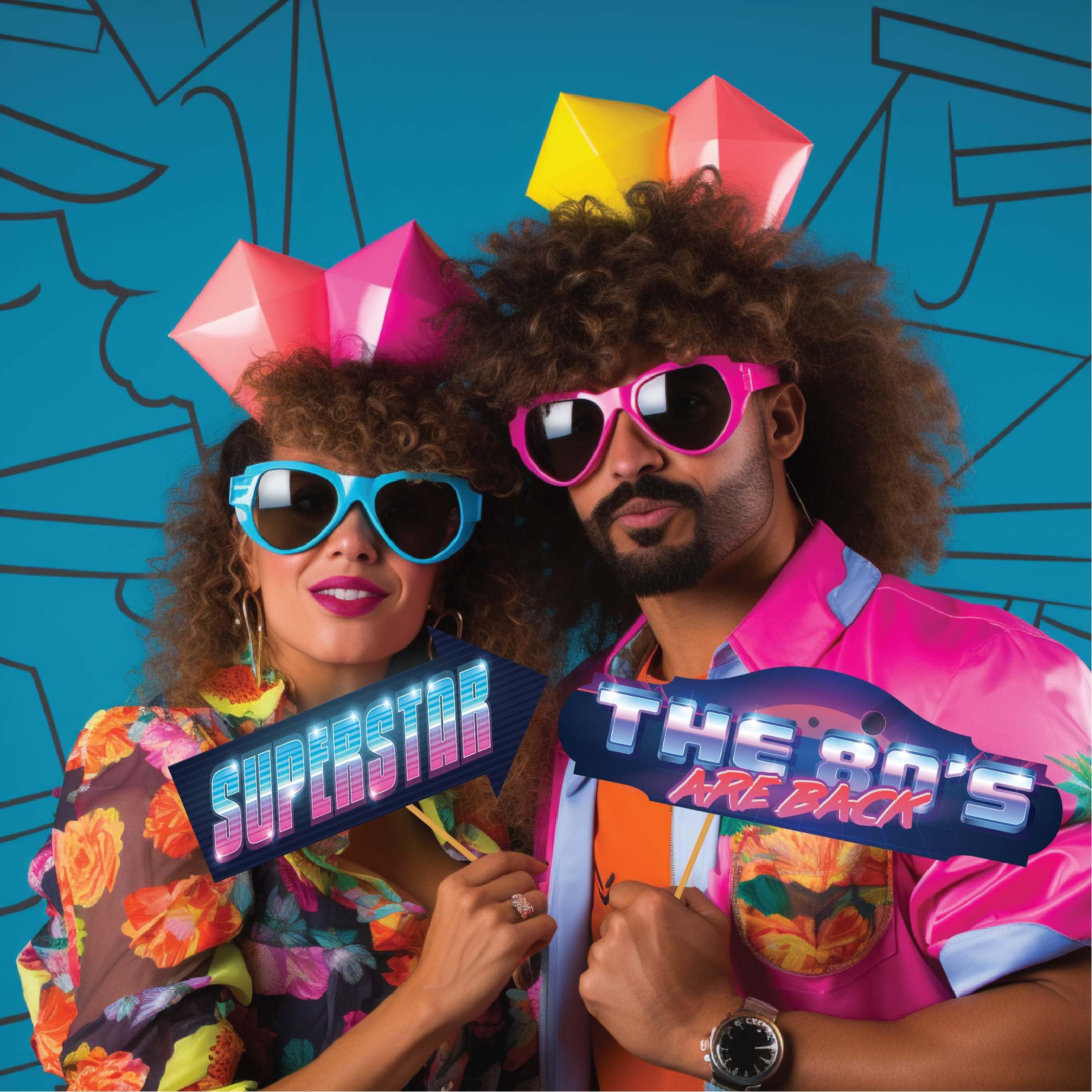 80s Photo Booth Props - 41-pc Photo Prop Kit with 8 x 10-Inch Sign  60 Adhesive Pads  45 Sticks - 80s Decorations - 80s Theme Party Decorations - 80's Theme Party Supplies