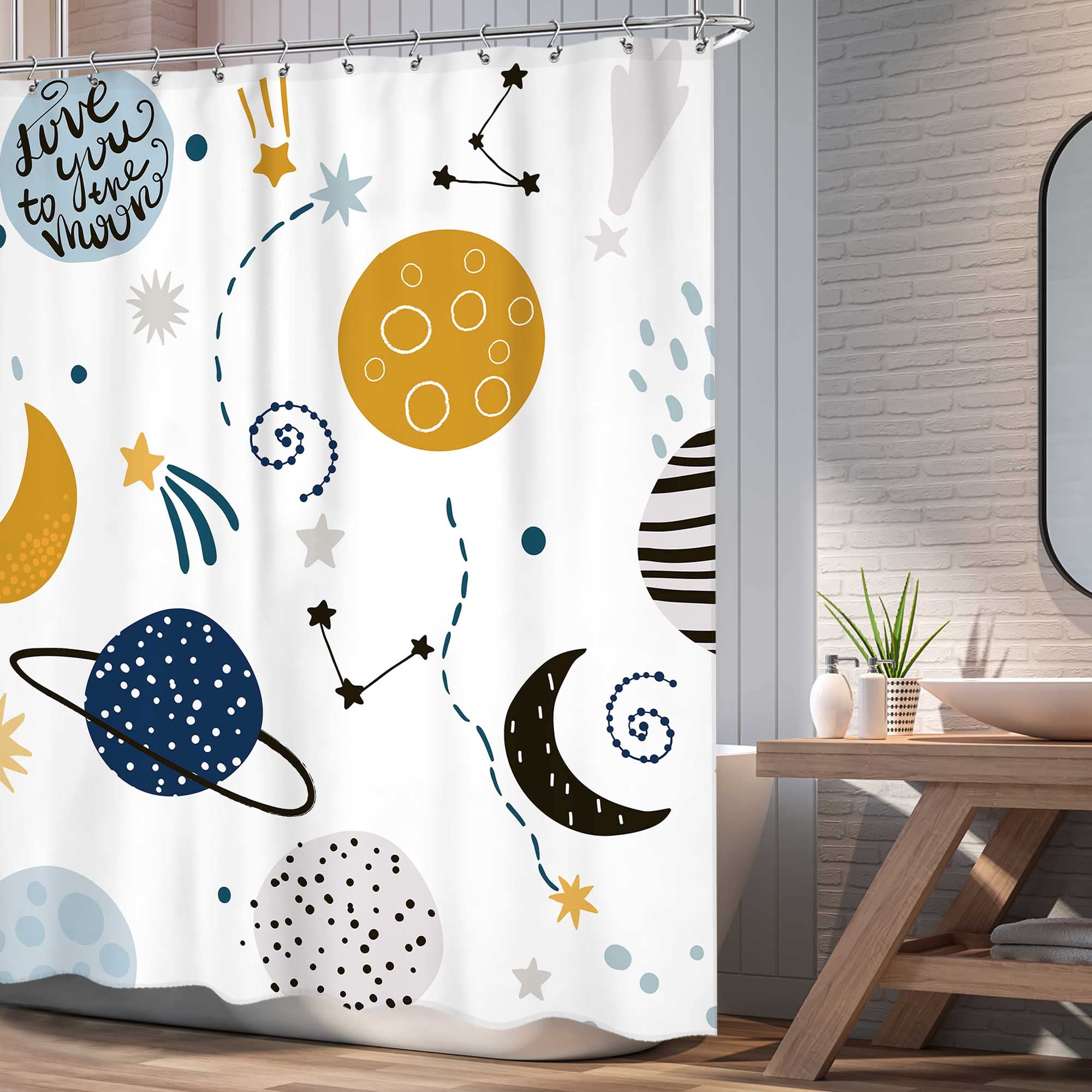 Ufeela Kids Boys Shower Curtain Cartoon Planet Cute Universe Galaxy Space Moon Kid Shower Curtain Bathroom Set Baby Print Cosmos