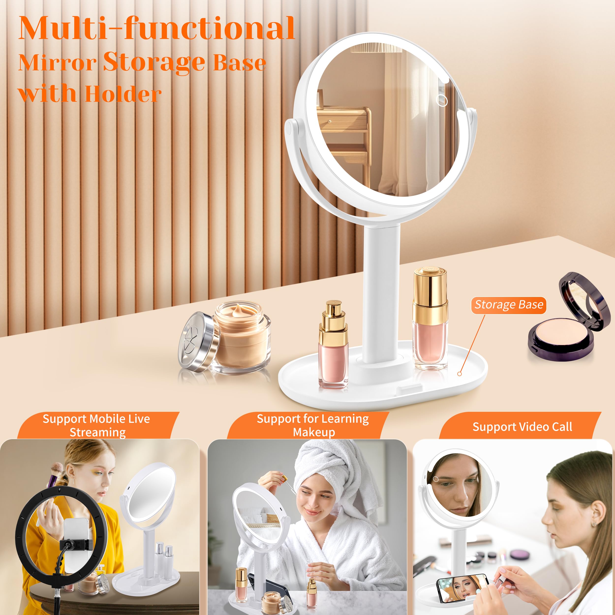 Vpu Vanity Makeup Mirror With Lights, 10X/1X Double Sided Magnifying Light Up Desk Mirror With Stand Cosmetic Organizer, 3 Color