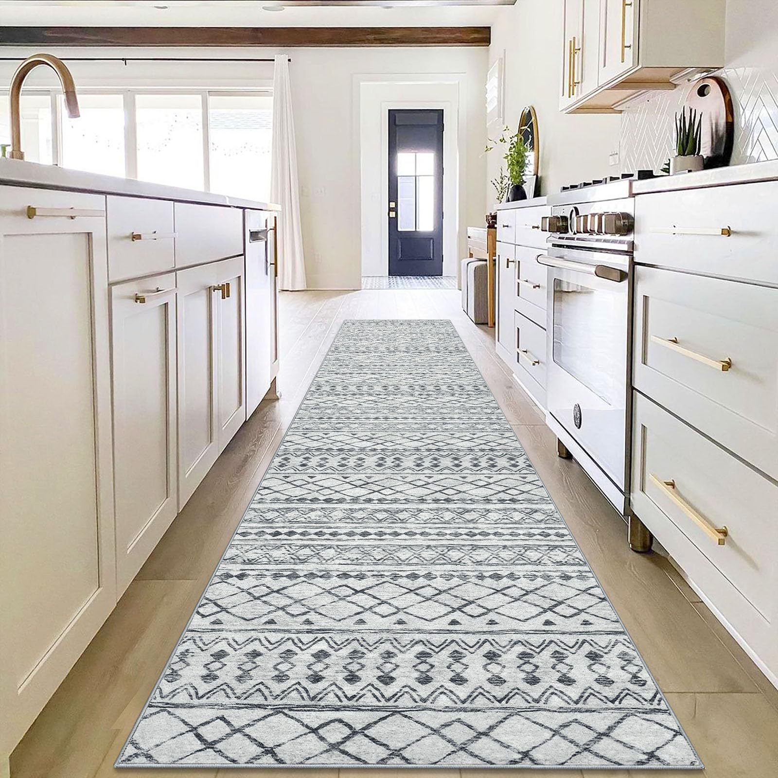 KUTA Moroccan Washable Kitchen Rugs, 2.6x12 Non-Slip Vintage Grey Boho Hallway Runner Kitchen Runner Rug Ultra Soft Distressed G