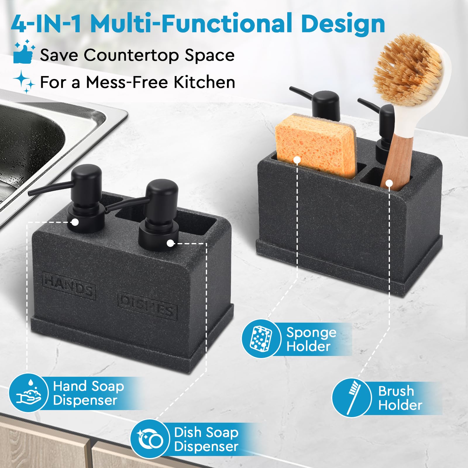 Hand And Dish Soap Dispenser Set For Kitchen Sink,Dual Soap Dispenser With Sponge Caddy And Brush Holder 4-In-1 Countertop Organ