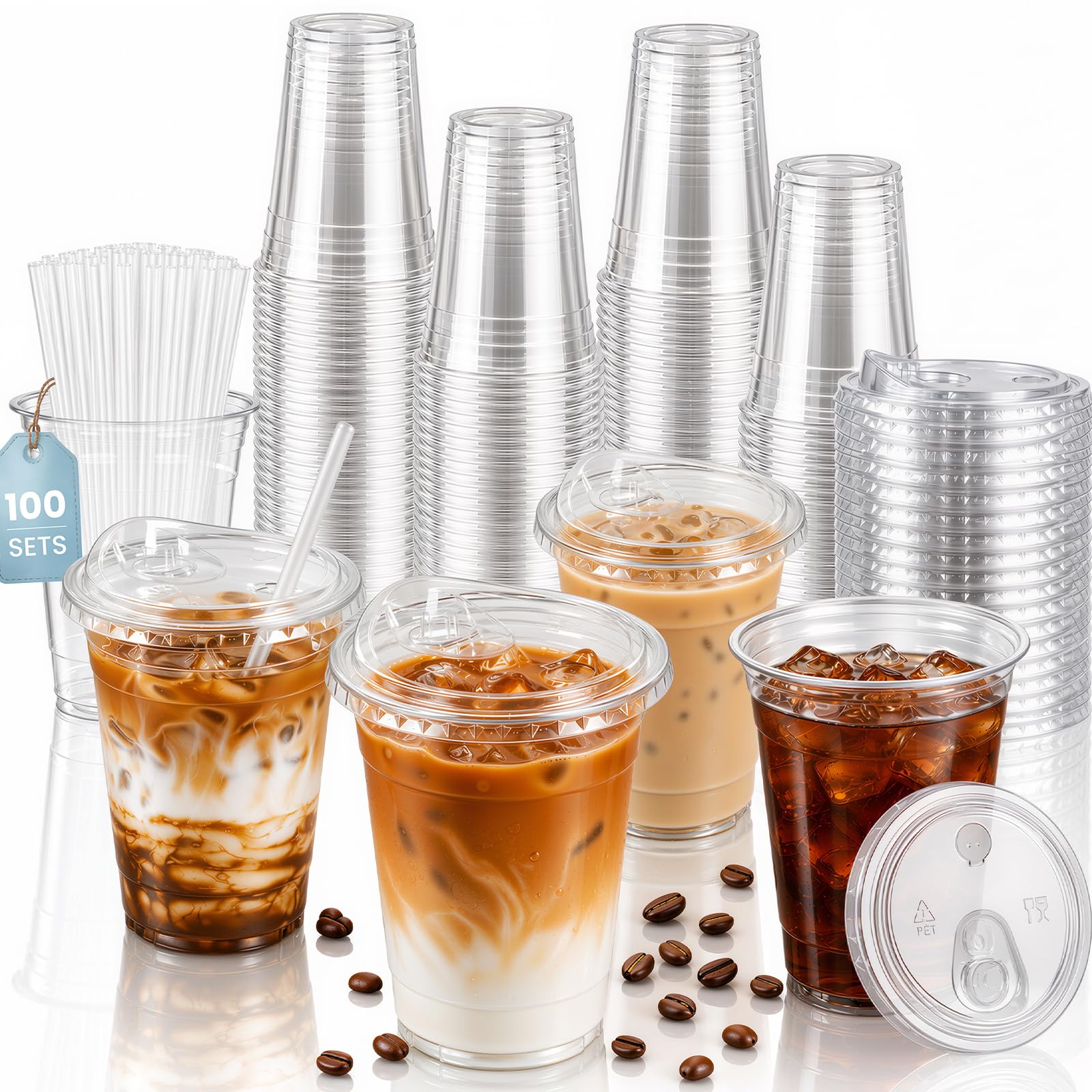 GOSCHE 16 oz Clear Plastic Cups with DualFunction Lids (Sip & Straw), 100 Pack Extra Thick PET Disposable, LeakResistant Iced 