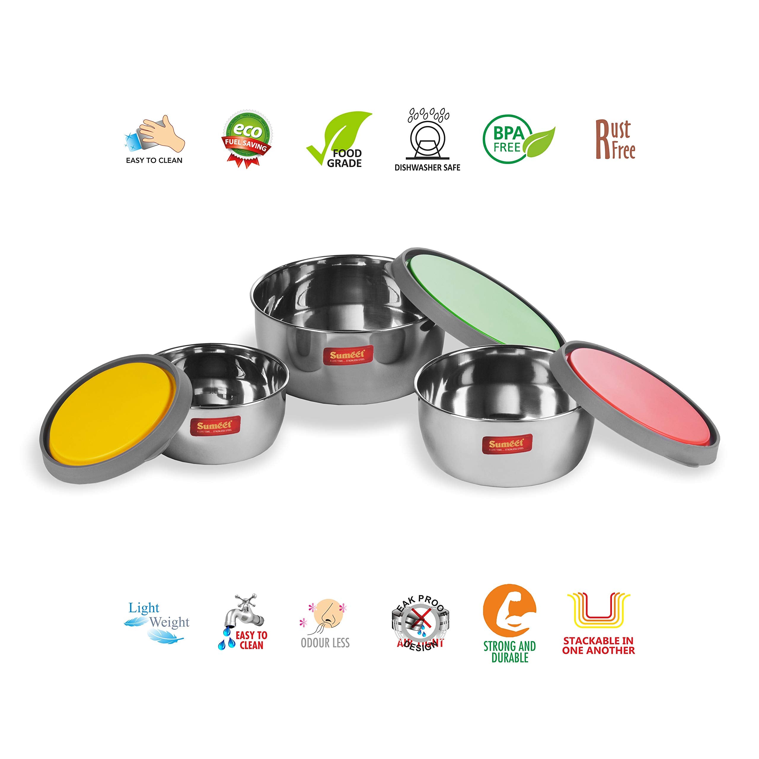 Sumeet Stainless Steel Modena Food Storage Airtight & Leak Proof Containers Set Of 3 Pc (400 Ml, 500 Ml & 800 Ml)