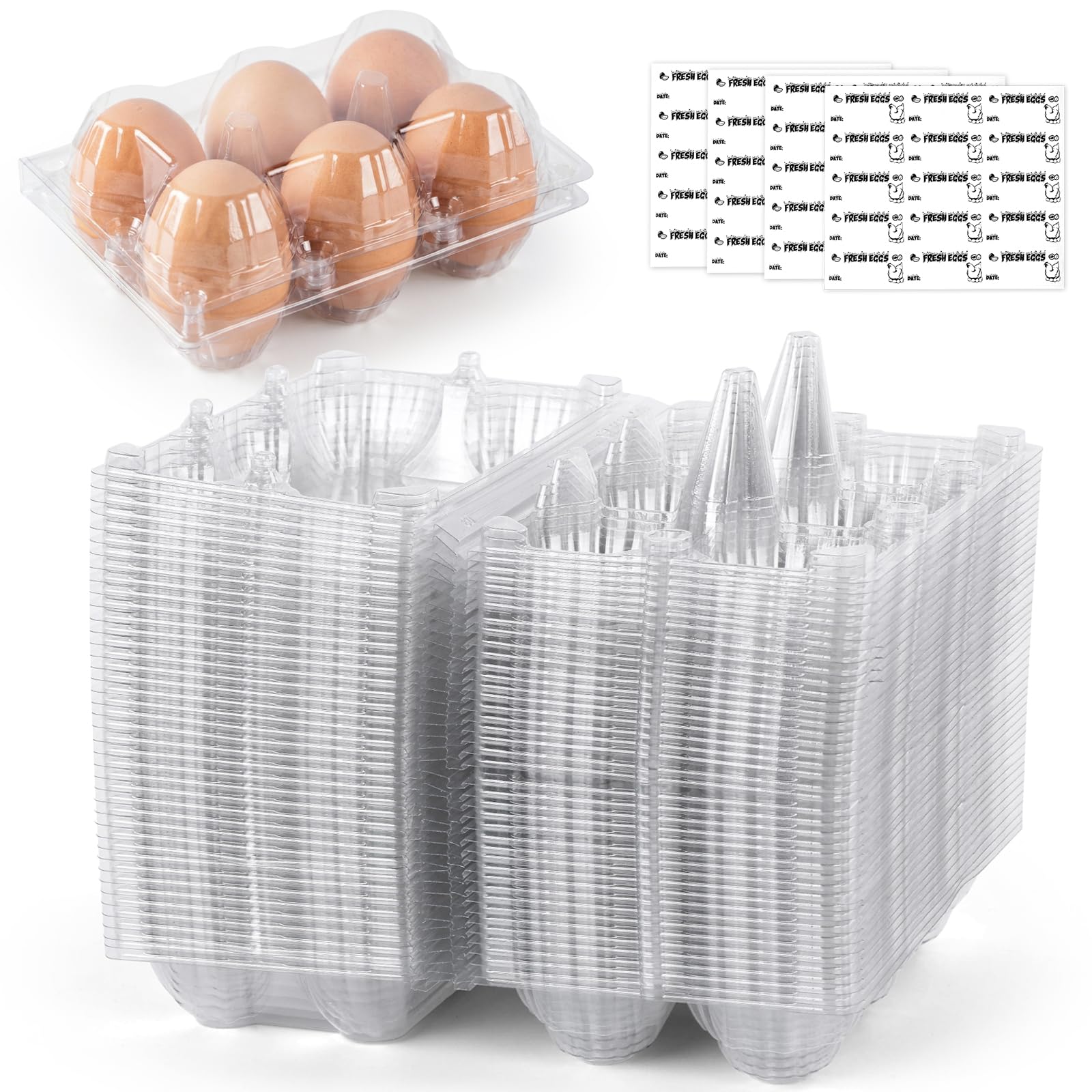 Hansgo 60Pcs Clear Egg Cartons, Egg Cartons Cheap Bulk Plastic Egg Containers For Home Ranch Chicken Farm Market Display, 6-Cavi
