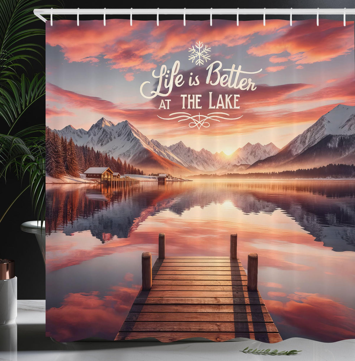 Ambesonne Lake Shower Curtain, Mesmerizing Sunset Scenery Mountains Cloud Reflections Life Is Better Saying, Cloth Fabric Bathro