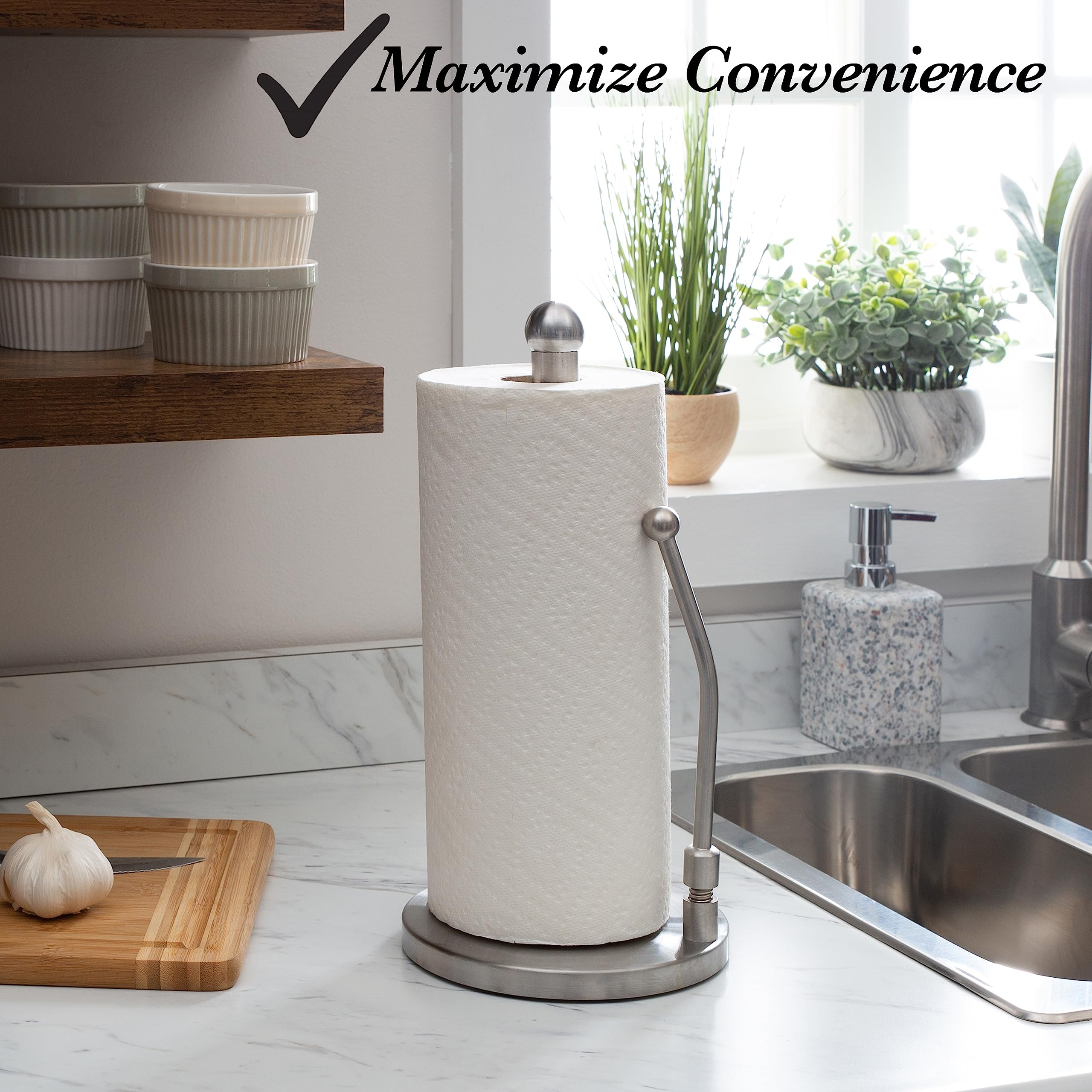 Kitchen Details Stainless Steel Paper Towel Holder | Tension Dispenser Bar | Easy Tear | Weighted Base | Standard Roll | Counter