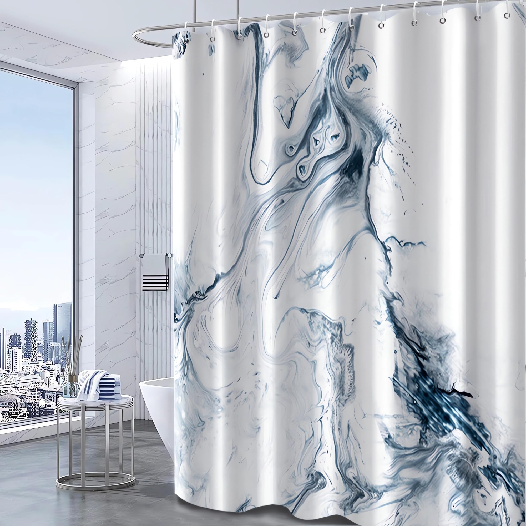 Ruelvth Blue Marble Shower Curtain, Modern Ombre Blue And White Shower Curtain Set With Hooks Aesthetic Waterproof Fabric Bathro