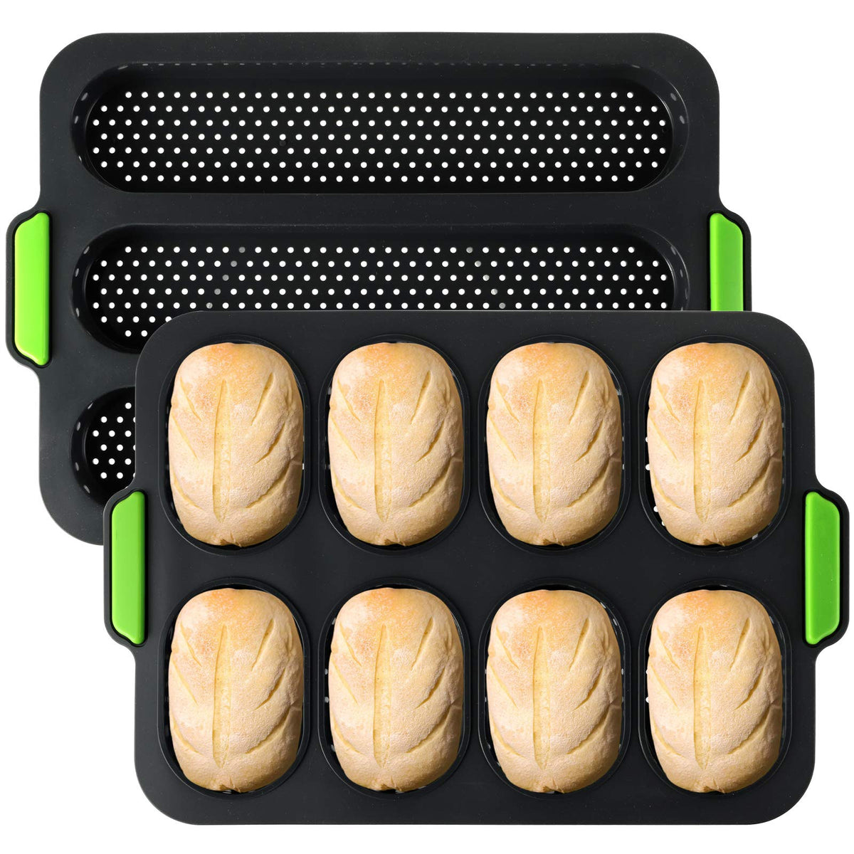Topzea Set Of 2 Silicone Baguette Pan, Nonstick French Bread Bake Mold, 8 Gutter Perforated Ham Burger Buns Sandwich Rolls Pans,