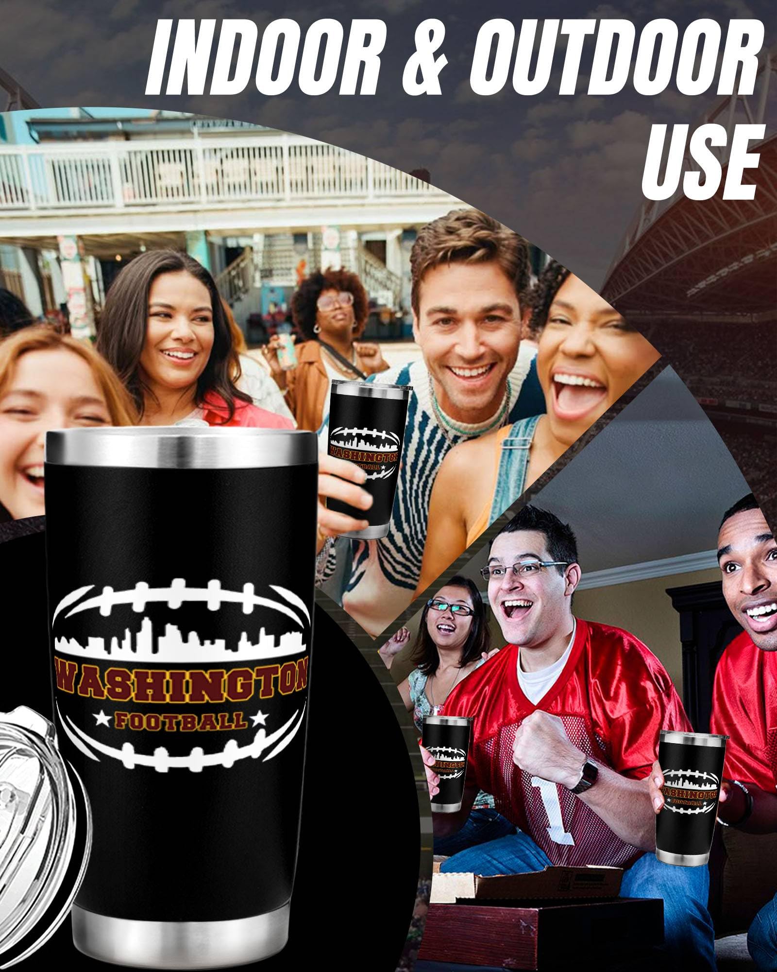 Football Fan 20 Oz Insulated Travel Coffee Cup Mug Tumbler with Lid Washington Themed Merch Shop Men Women Sport Stuff Apparel C