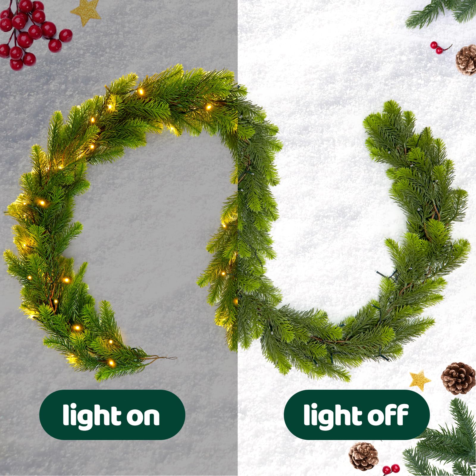 9FT Real Touch Norfolk Pine Christmas Garland with Light Winter Artificial Faux Greenery Garland Table Mantle Stairs Fireplace W