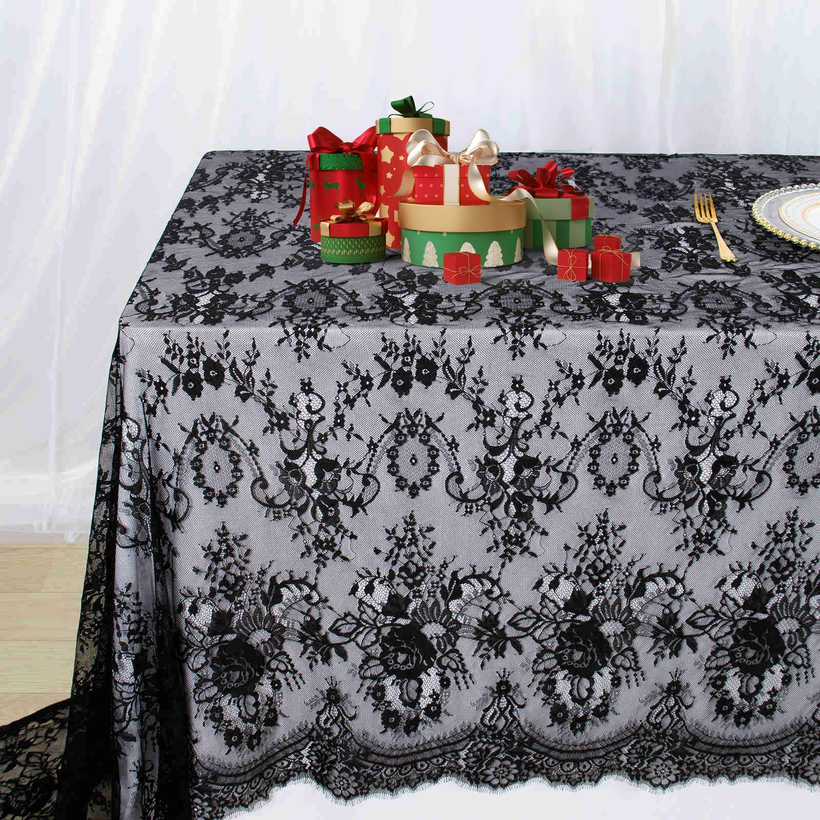 Duobao Wedding Lace Tablecloth 60X120-Inch Black Tablecloths For Tea Party Outdoor Table Cloth Rectangle 120 Inches Overlay For