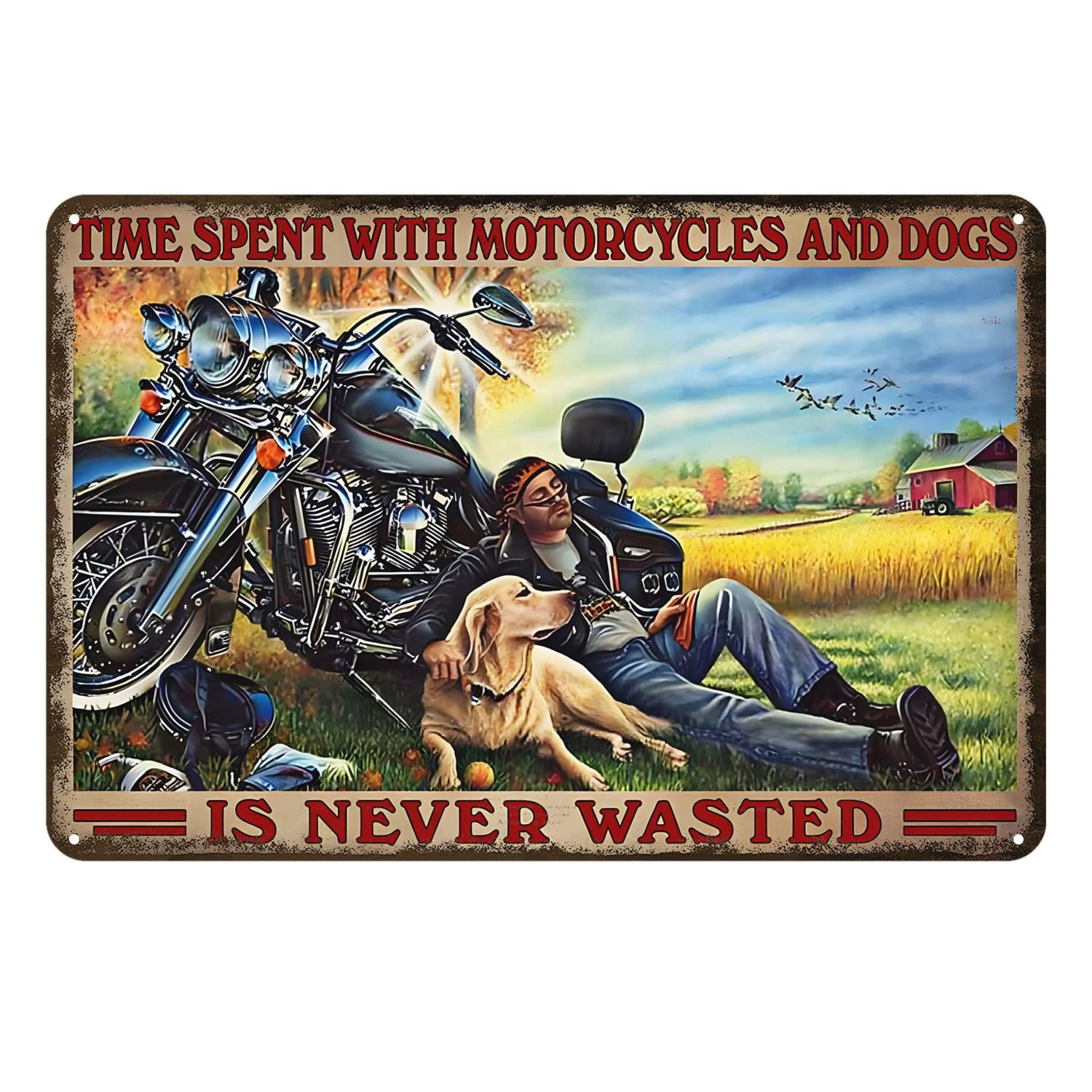 Time Spent with Motorcycles and Dogs is Never Wasted Gifts Funny Bathroom Decor Wall Art Coffee Bar Vintage Metal Tin Sign Offic
