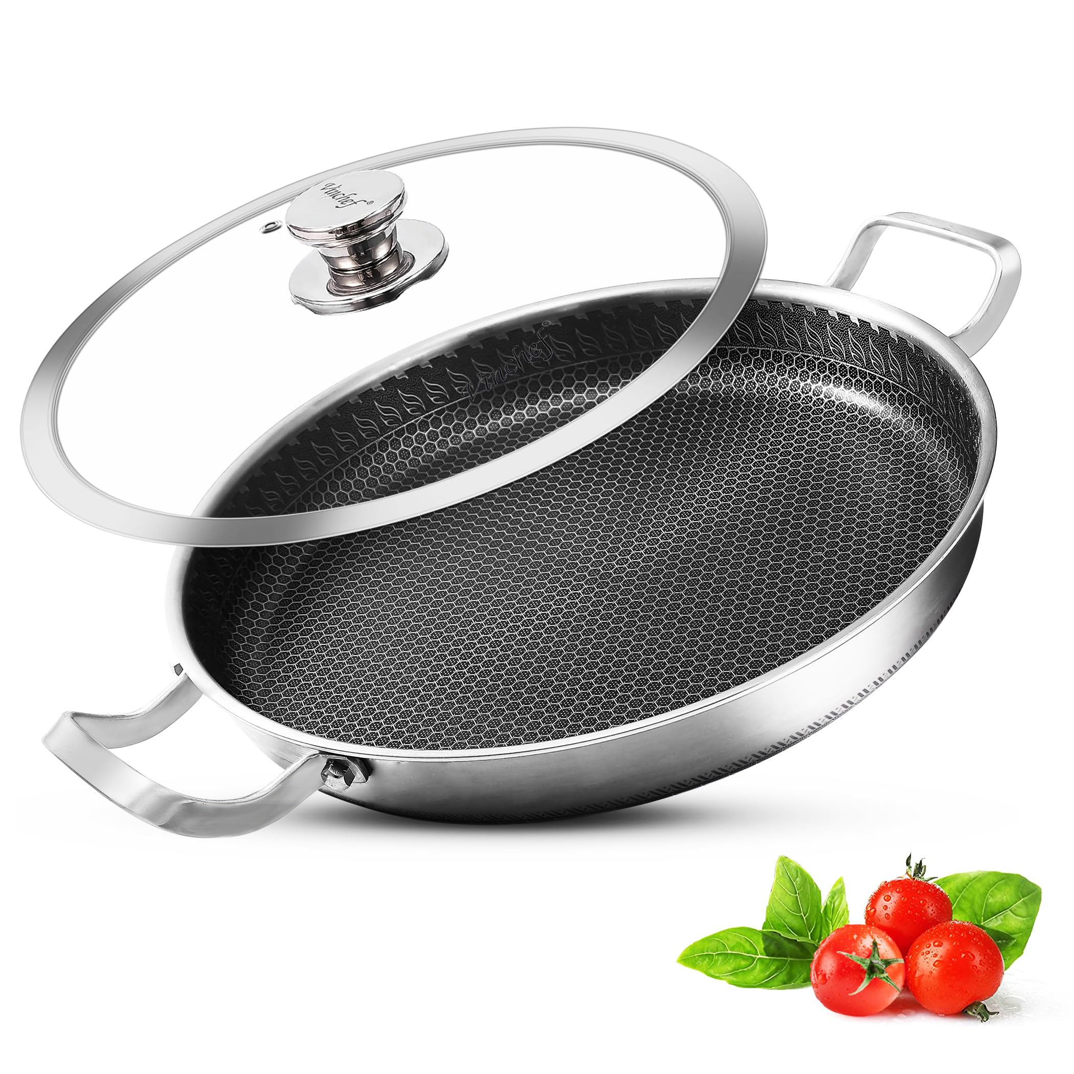 Vinchef Skillet With Lid 13 Inch Stainless Steel Pan, Pfoa Free, Dishwasher And Oven Safe Cookware, Cooking Pan For Induction Co