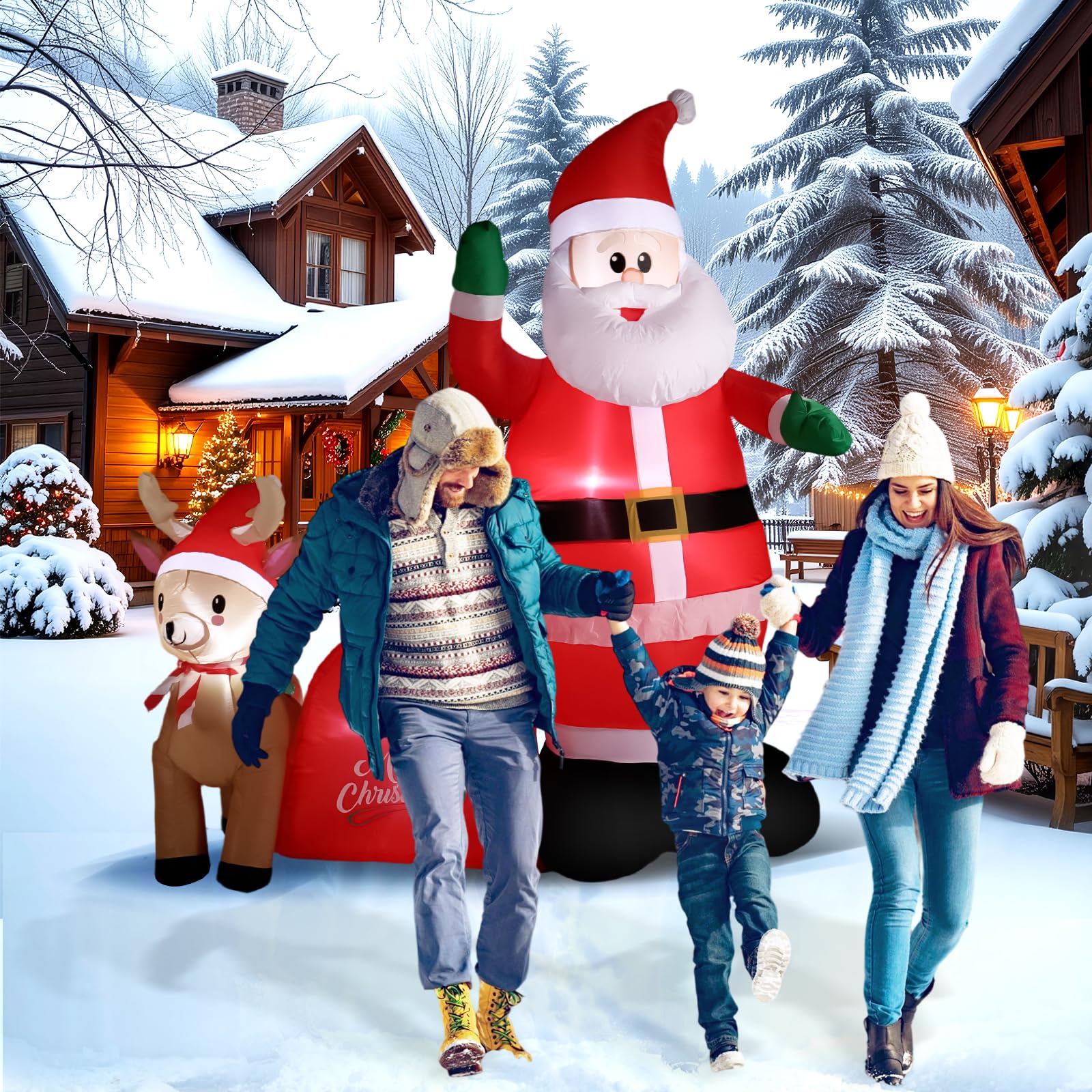 GIFTFIND 7Ft Christmas Inflatable Santa Clau Built-in LED Lights, Outdoor Decoration Santa with Reindeer and Christmas Ball Blow