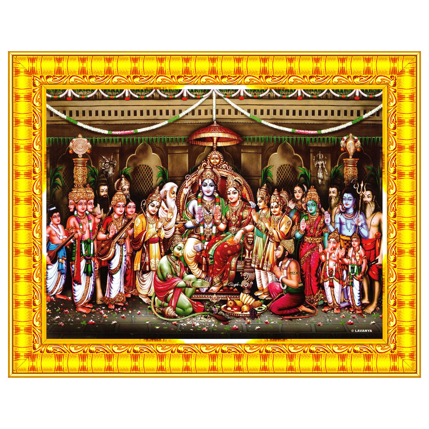Pavan Photo Laminations Ram Darbar Lord Shri Rama Sita Parivar Family Wall Painting Framed Home Decor (Wood,Matte,Gold,Big Size,