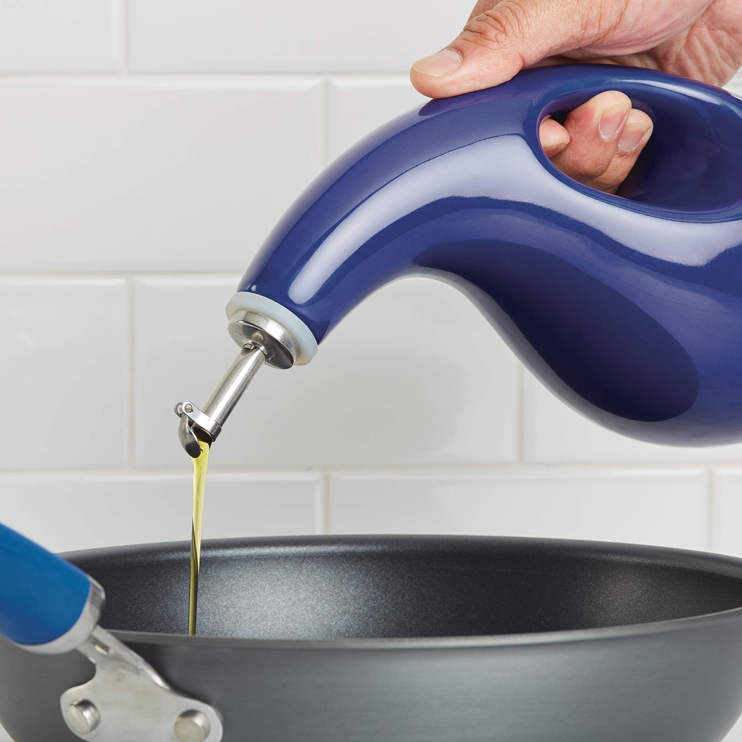 Rachael Ray Solid Glaze Ceramics Evoo Olive Oil Bottle Dispenser With Spout - 24 Ounce, Blue