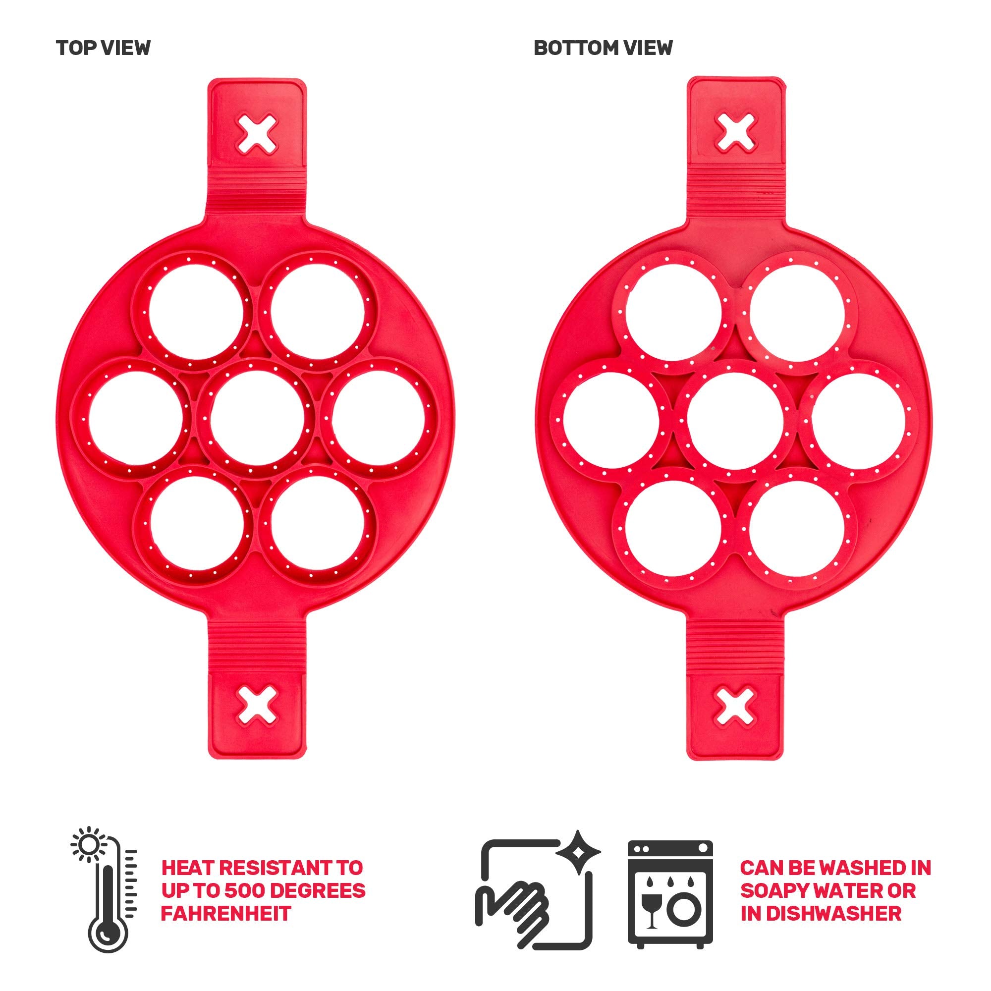 EXULTIMATE Silicone Pancake Mold - Mini Pancakes & Fried Eggs Maker, 7 Cavity, Red, Model WHD1185