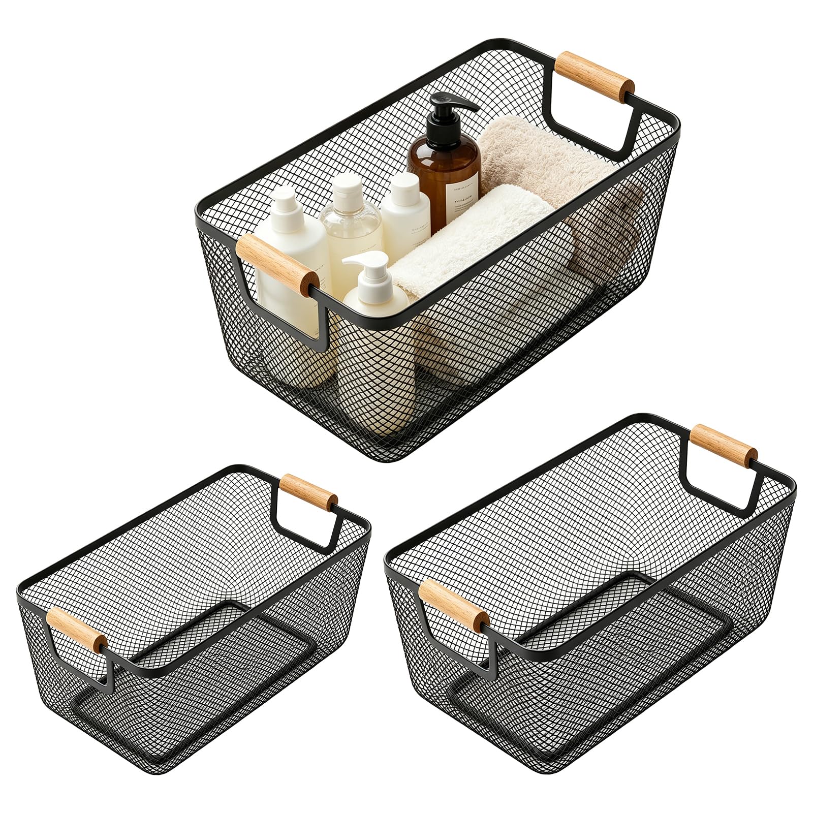 3Pcs Metal Wire Basket with Wooden Handle, Mesh Wire Storage Organizer Bins, 3 Sizes Multifunctional Rectangle Storage Container