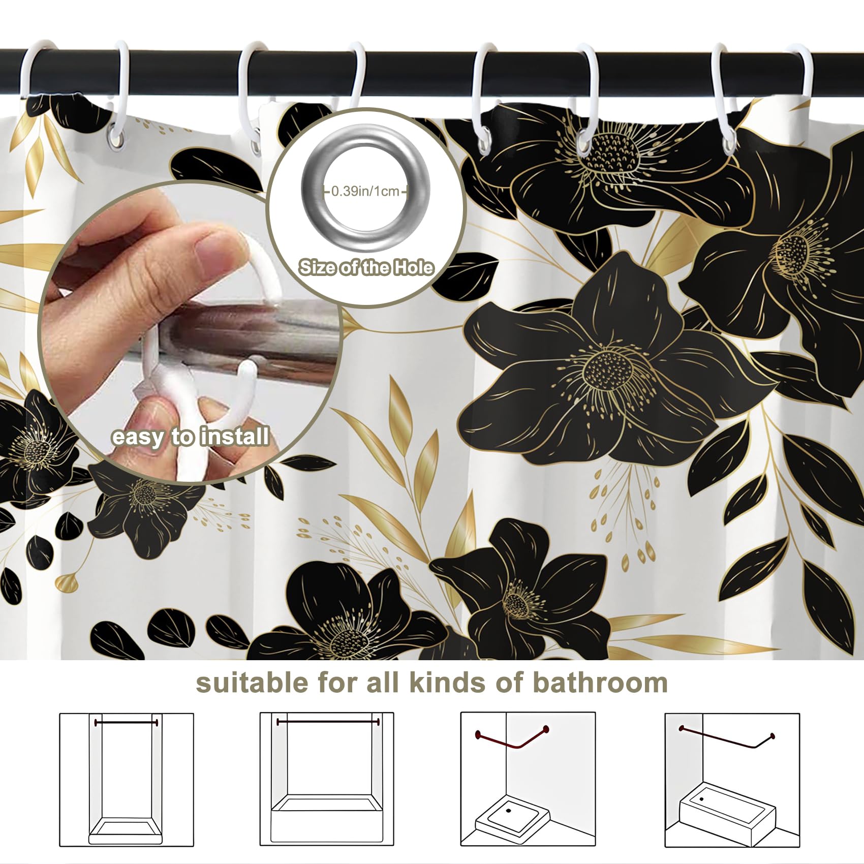 Yanutan Black Flower Shower Curtain, Black Dark Floral Gold Leaves Shower Curtain Set For Bathroom, Natural Plants Fabric Bath C