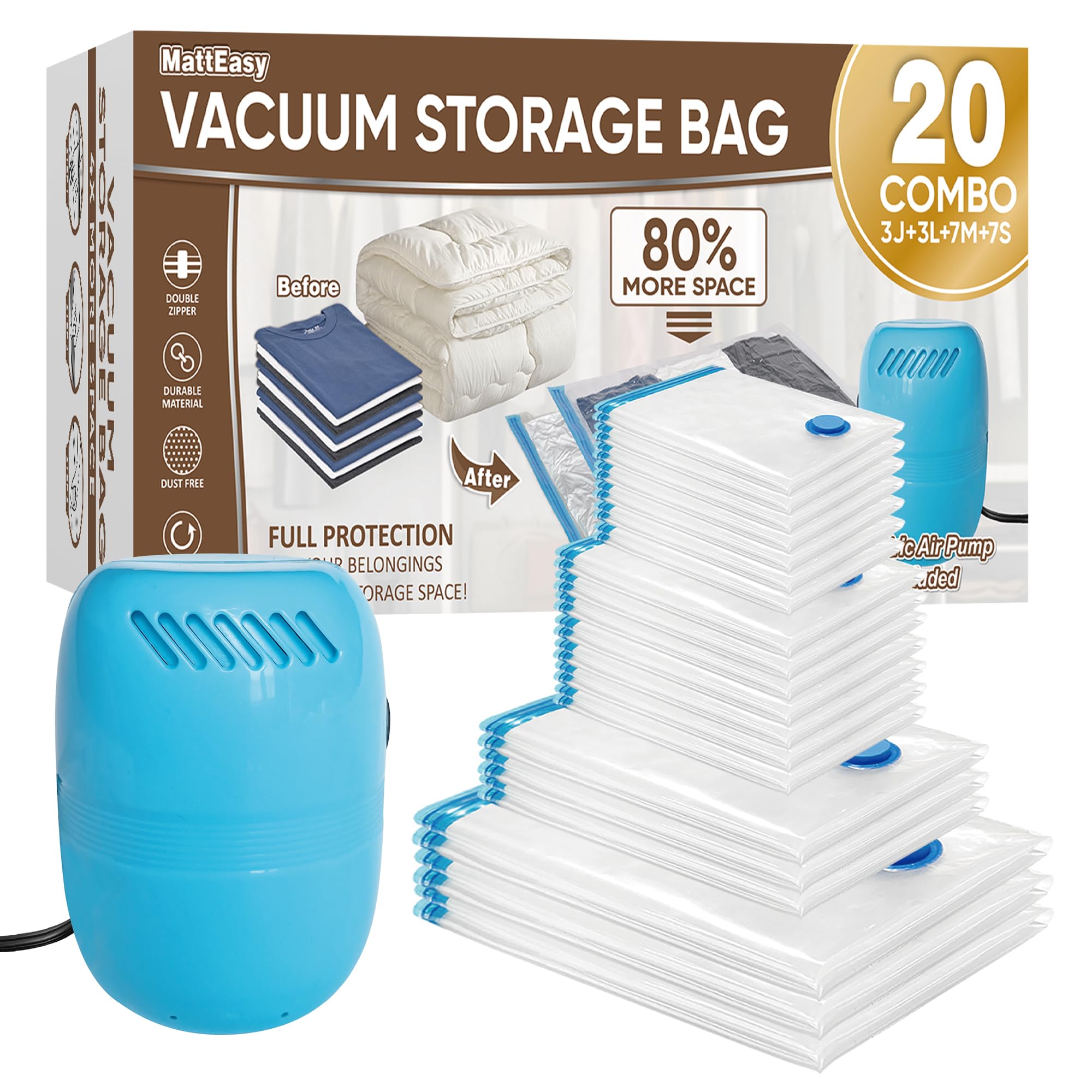 Matteasy Vacuum Storage Bags With Electric Pump, 20 Pack (3 Jumbo/3 Large/7 Medium/7 Small), Space Saver Bags With Pump, Storage