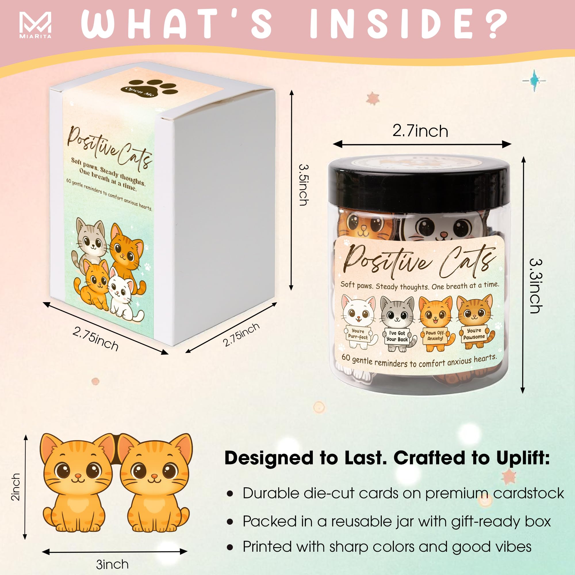 Miarita Positive Cats Jar - 60 Affirmation Cards for Anxiety & Self Care, Gifts For People With Anxiety, Cat Gifts for Women, Te