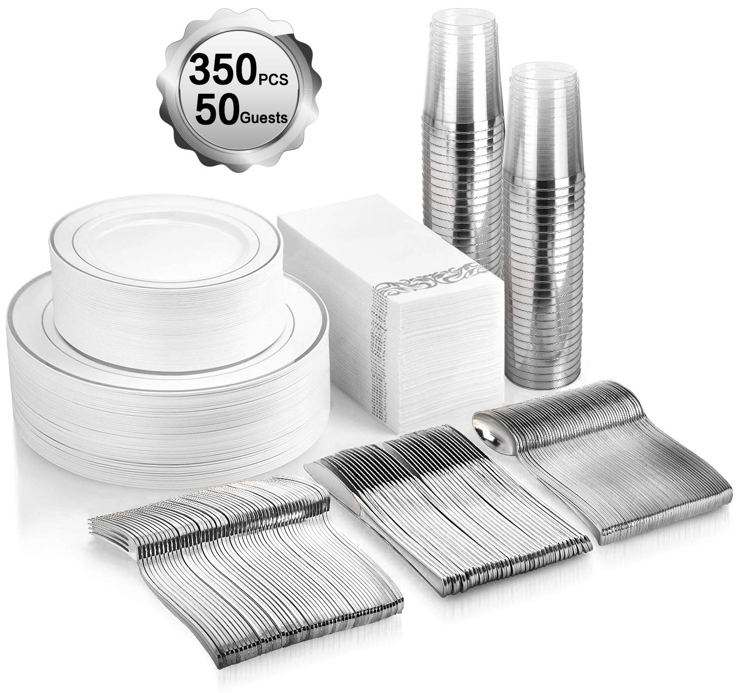 350 Piece Mcirco Silver Dinnerware Set - 100 Silver Rim Plastic Plates - 50 Silver Plastic Silverware - 50 Silver Plastic Cups -