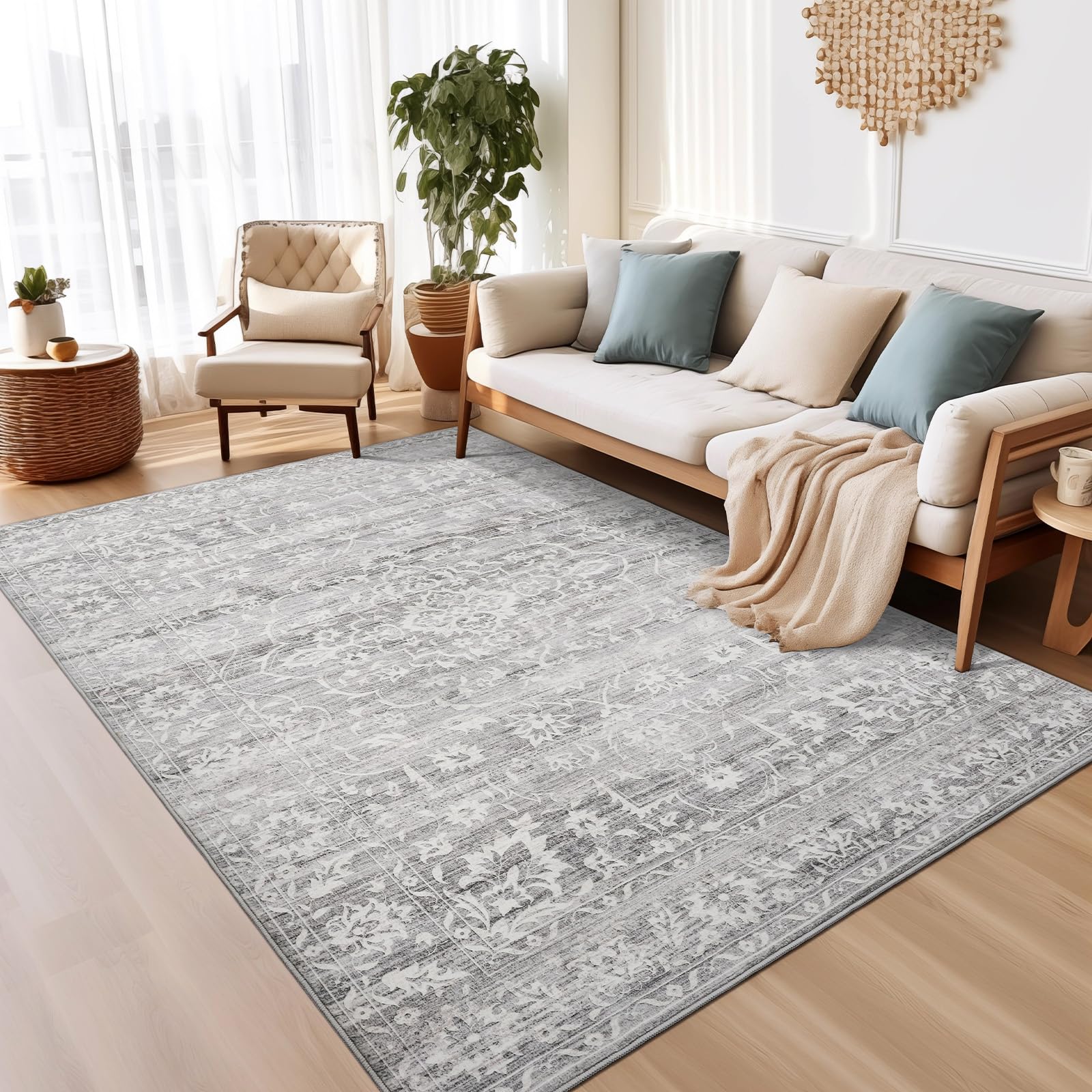 Soalmost 6x9 Area Rugs for Living Room, Stain Resistant Washable Rugs for Dining Room, Floral Vintage Non-Slip Gray Thin Area Ru